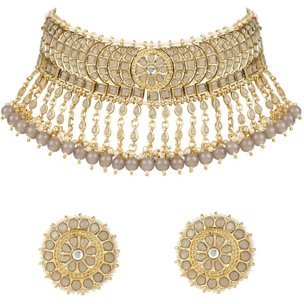 I Jewels 18K Gold Plated Traditional Kundan & Pearl Studded Choker Necklace Set For Women/Girls (K7210) (Full Grey)