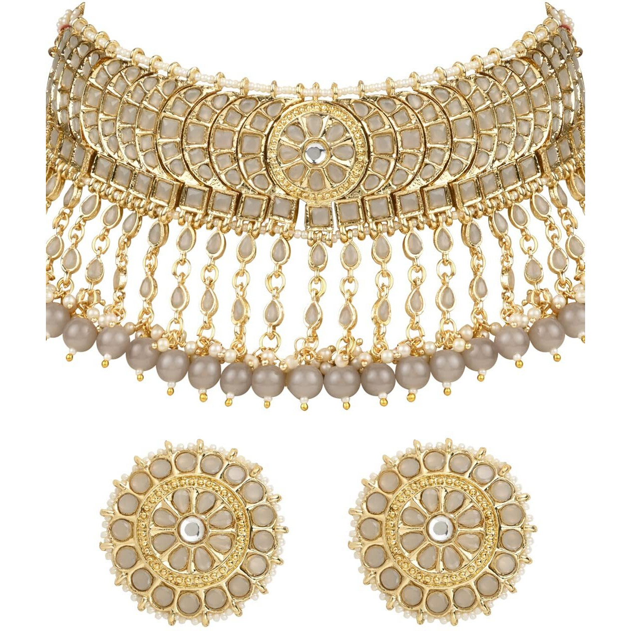 I Jewels 18K Gold Plated Traditional Kundan & Pearl Studded Choker Necklace Set For Women/Girls (K7210) (Full Grey)