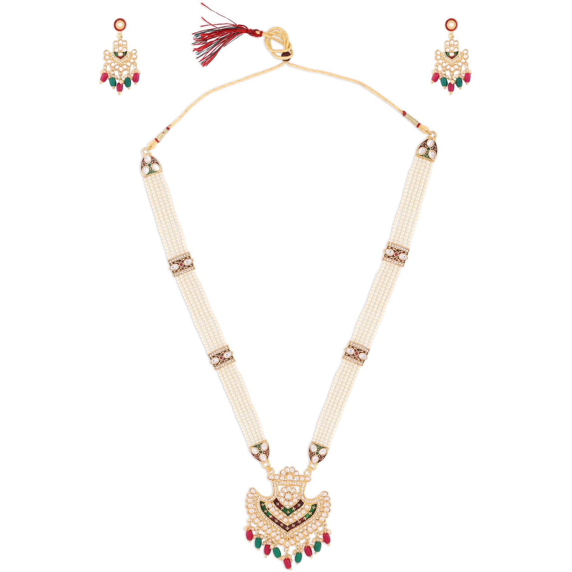 ZAVERI PEARLS Red & Green Meenakari Bridal Multistrand Pearls Necklace & Earring Set For Women-ZPFK14474