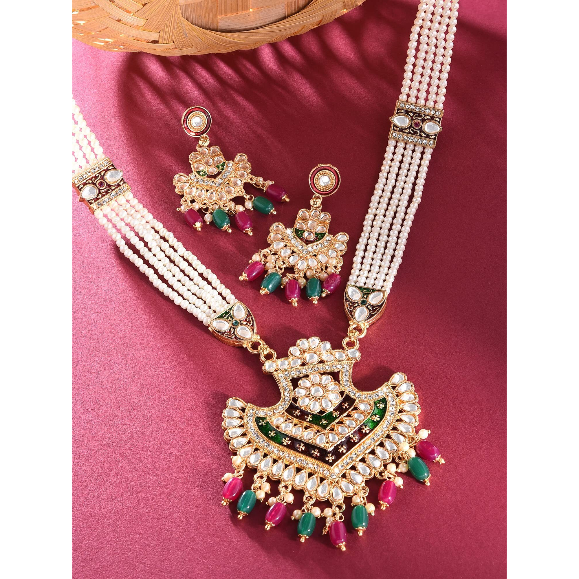 ZAVERI PEARLS Red & Green Meenakari Bridal Multistrand Pearls Necklace & Earring Set For Women-ZPFK14474