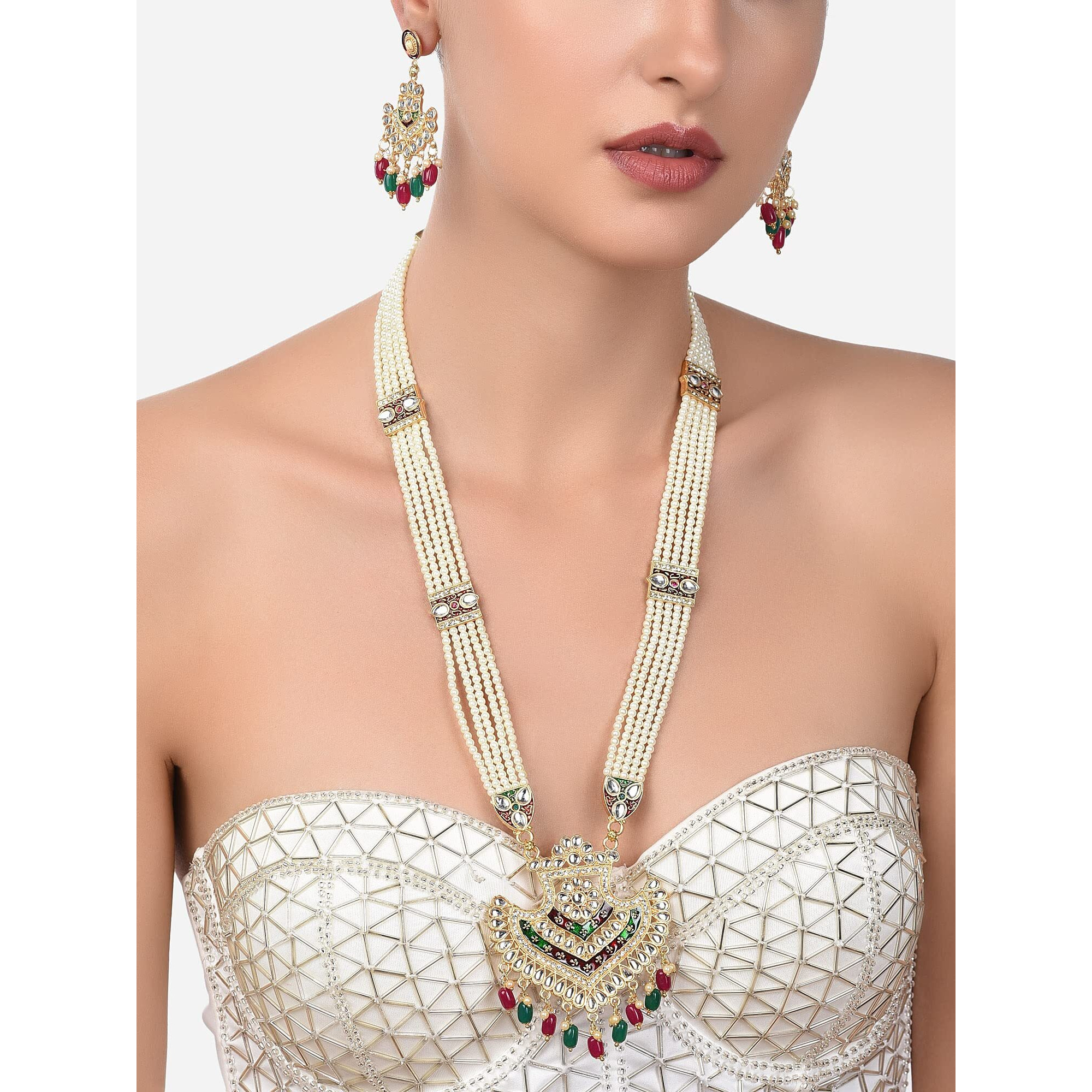 ZAVERI PEARLS Red & Green Meenakari Bridal Multistrand Pearls Necklace & Earring Set For Women-ZPFK14474