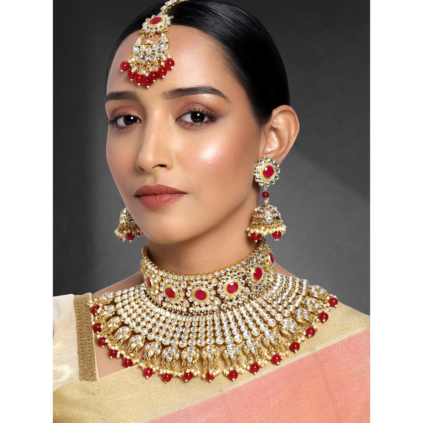Peora Indian Ethnic Gold Plated Rani Padmavati Kundan Pearl Bridal Choker Necklace Earrings with Maang Tikka Traditional Jewellery Set for Women