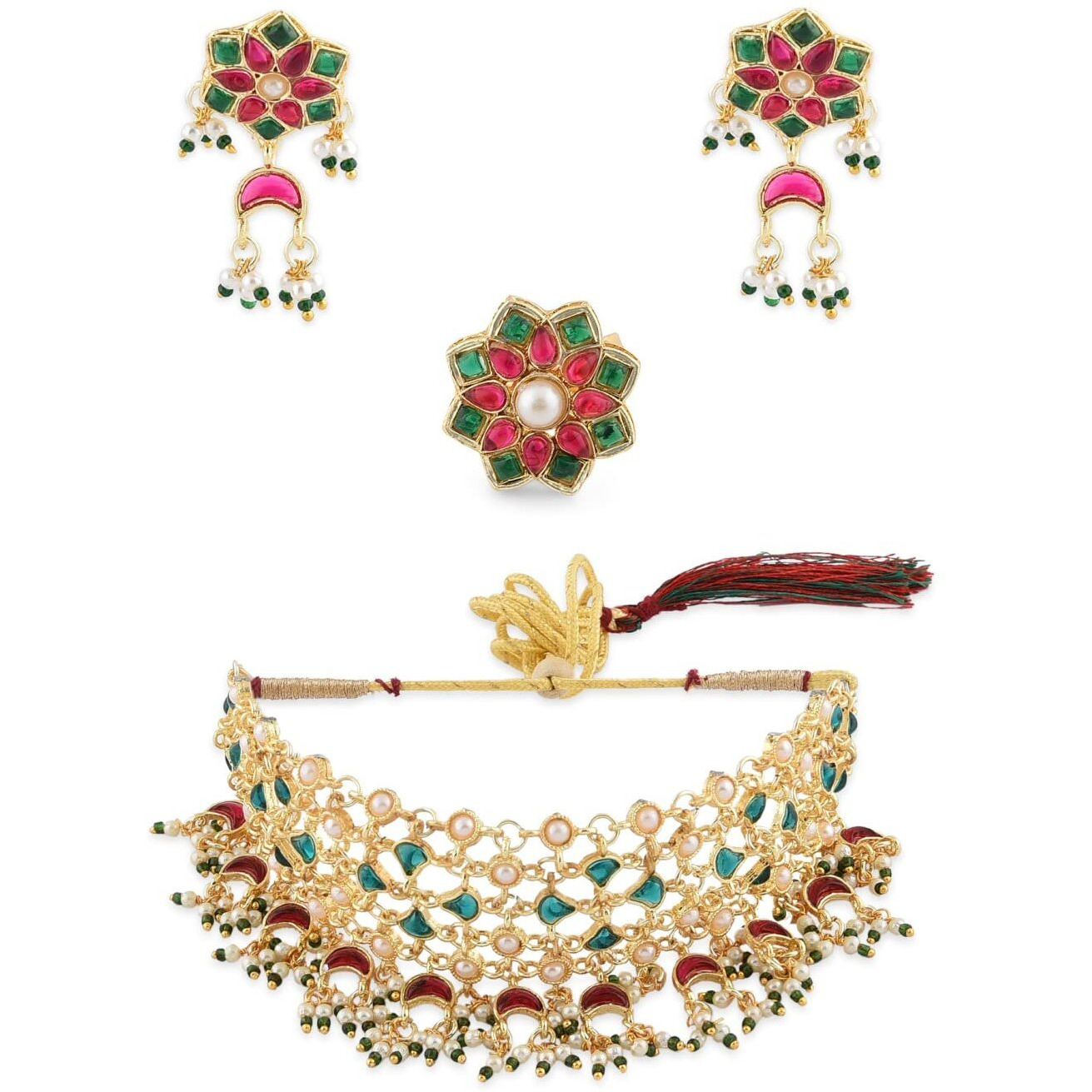 ZAVERI PEARLS Green & Pink Kundan Embellished Choker Necklace Earring & Ring Set For Women-ZPFK11478