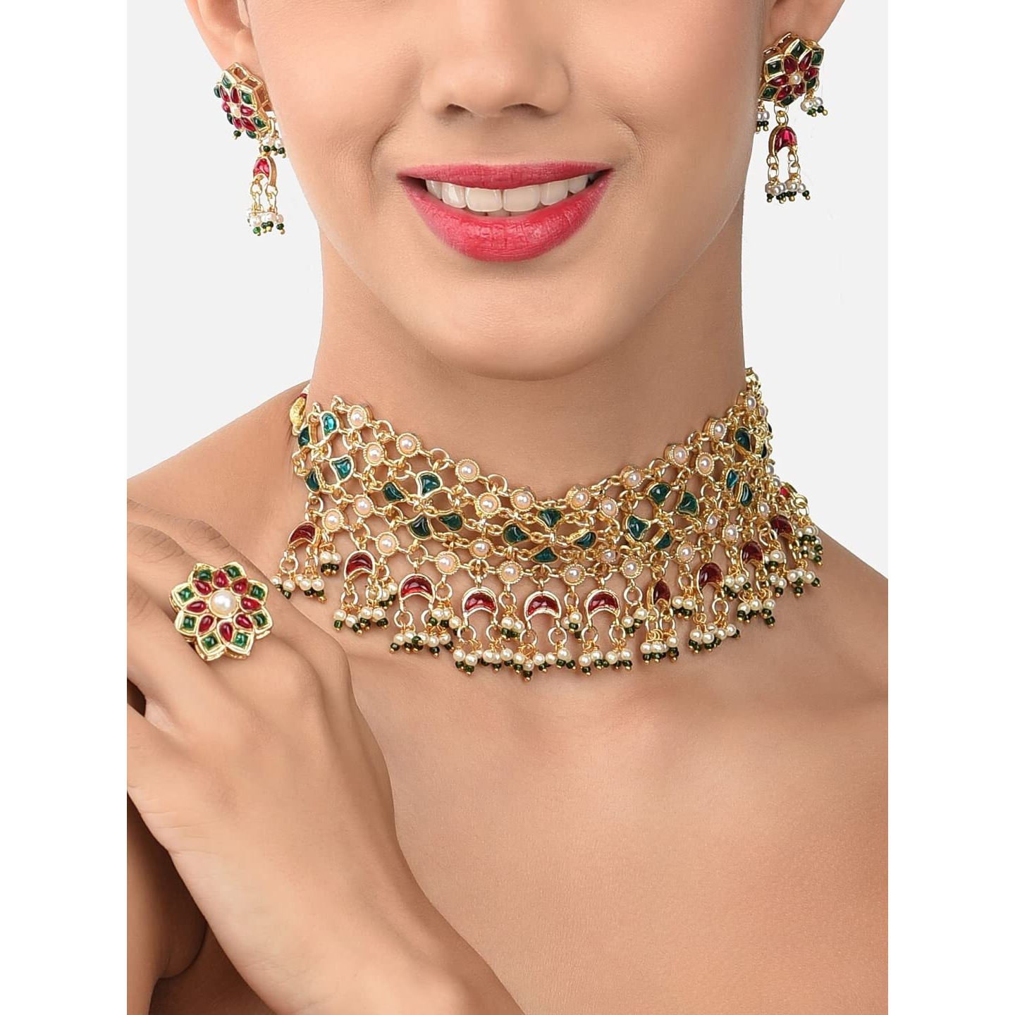 ZAVERI PEARLS Green & Pink Kundan Embellished Choker Necklace Earring & Ring Set For Women-ZPFK11478