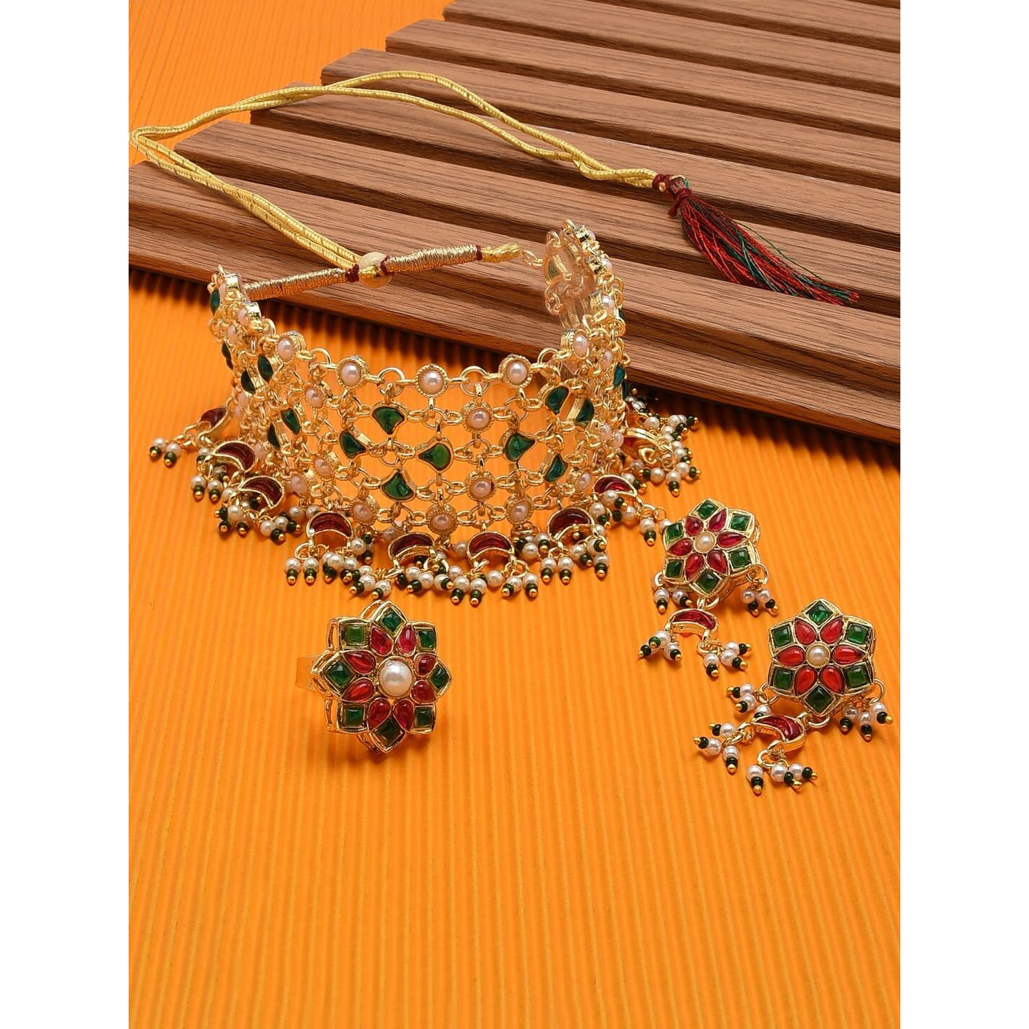 ZAVERI PEARLS Green & Pink Kundan Embellished Choker Necklace Earring & Ring Set For Women-ZPFK11478