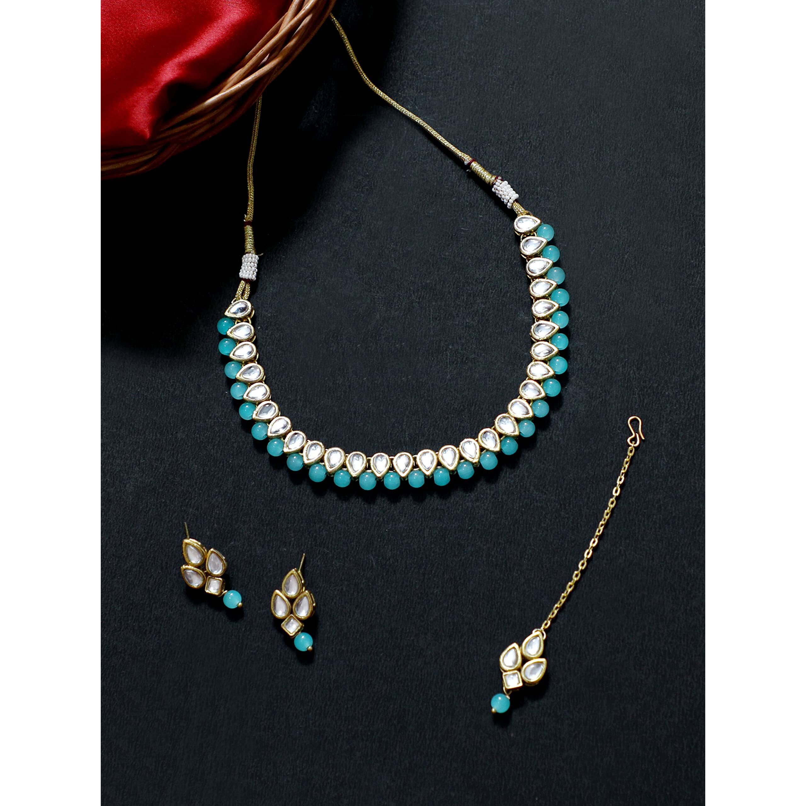 Karatcart Gold-Plated Handcrafted Kundan & Light Blue Beads Studded Choker Necklace Set For Womens