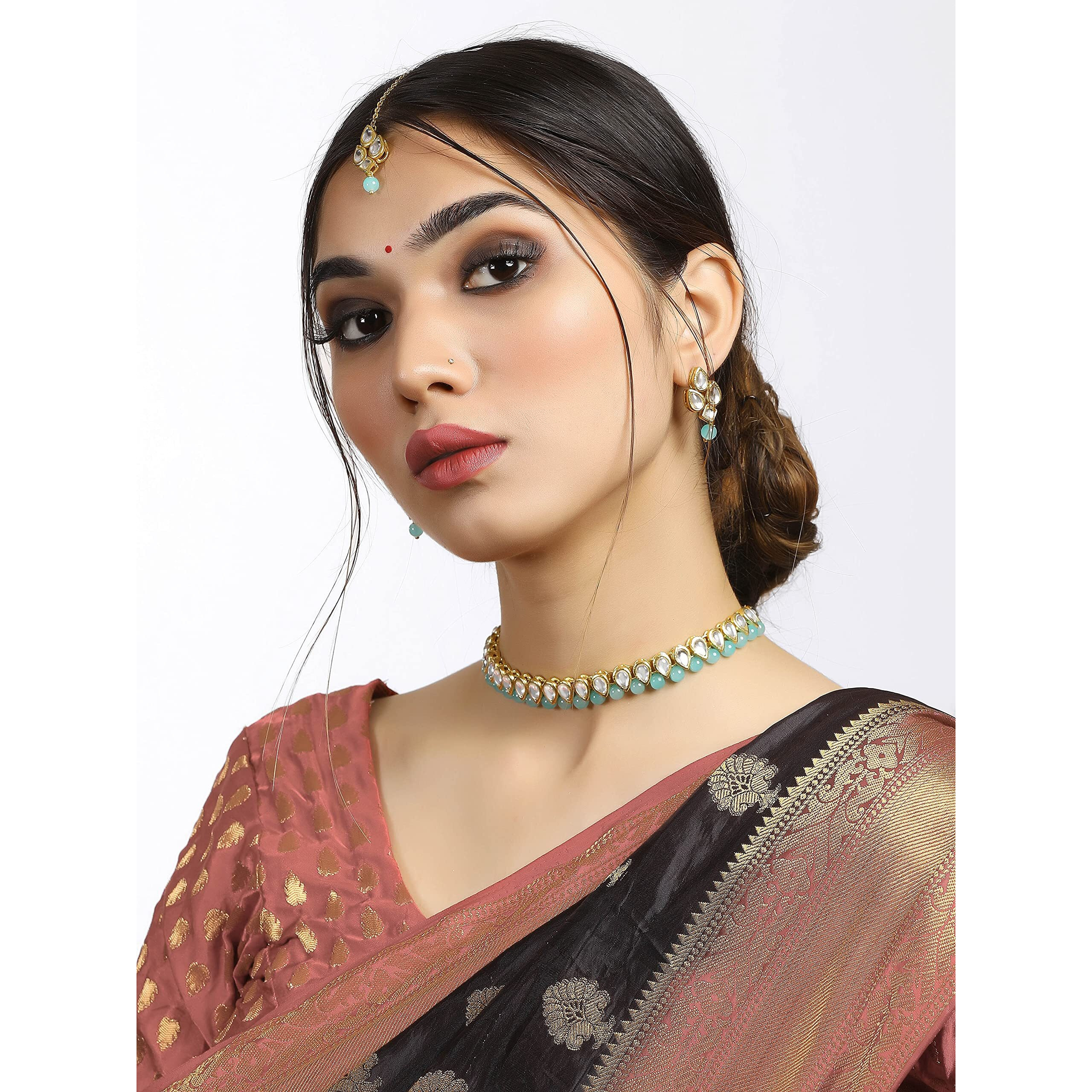 Karatcart Gold-Plated Handcrafted Kundan & Light Blue Beads Studded Choker Necklace Set For Womens