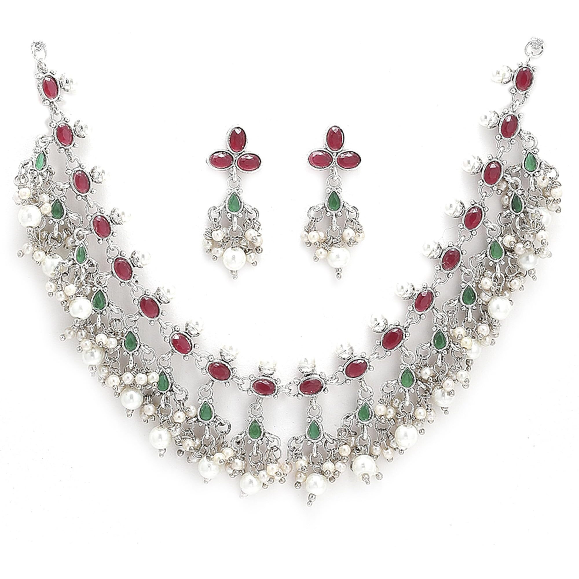 ZENEME Fashion Jewellery Antique Oxidised Silver Plated Tribal Pink Silver-Plated AD Studded Pearl Necklace With Earrings Jewellery For Women & Girls (Style 8)