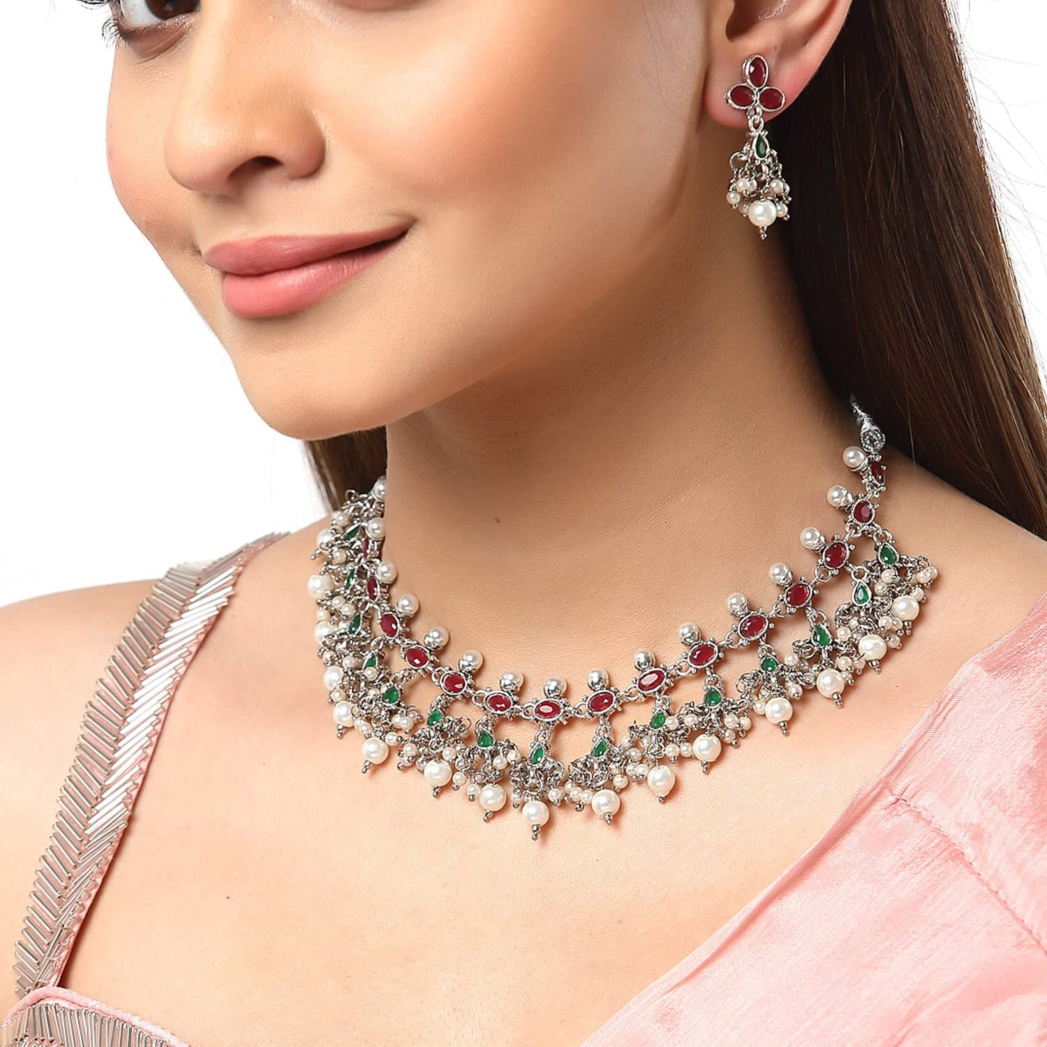 ZENEME Fashion Jewellery Antique Oxidised Silver Plated Tribal Pink Silver-Plated AD Studded Pearl Necklace With Earrings Jewellery For Women & Girls (Style 8)