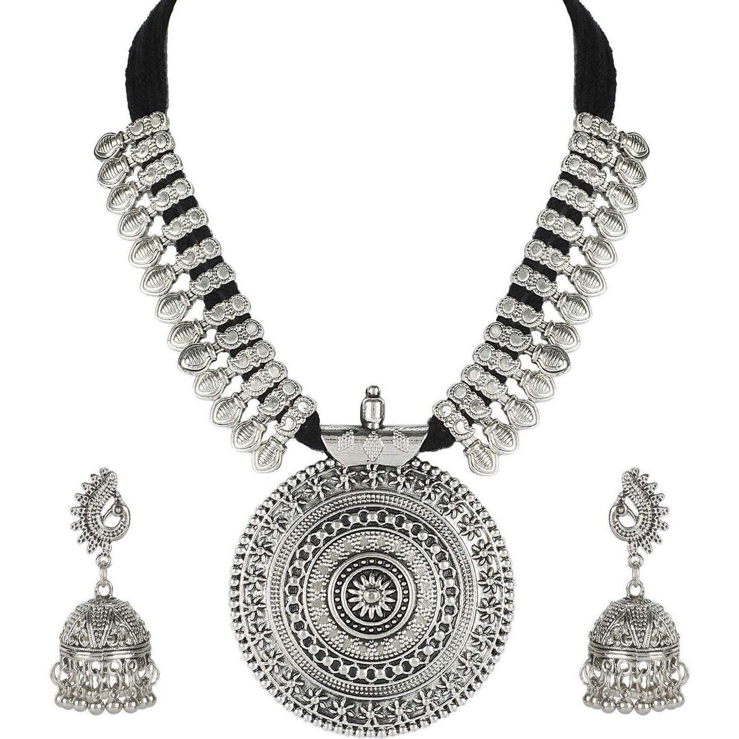 Shining Diva Fashion Latest Oxidised Silver Antique Design Necklace Jewellery Set for Women (rrsd12011s), design3-black, one