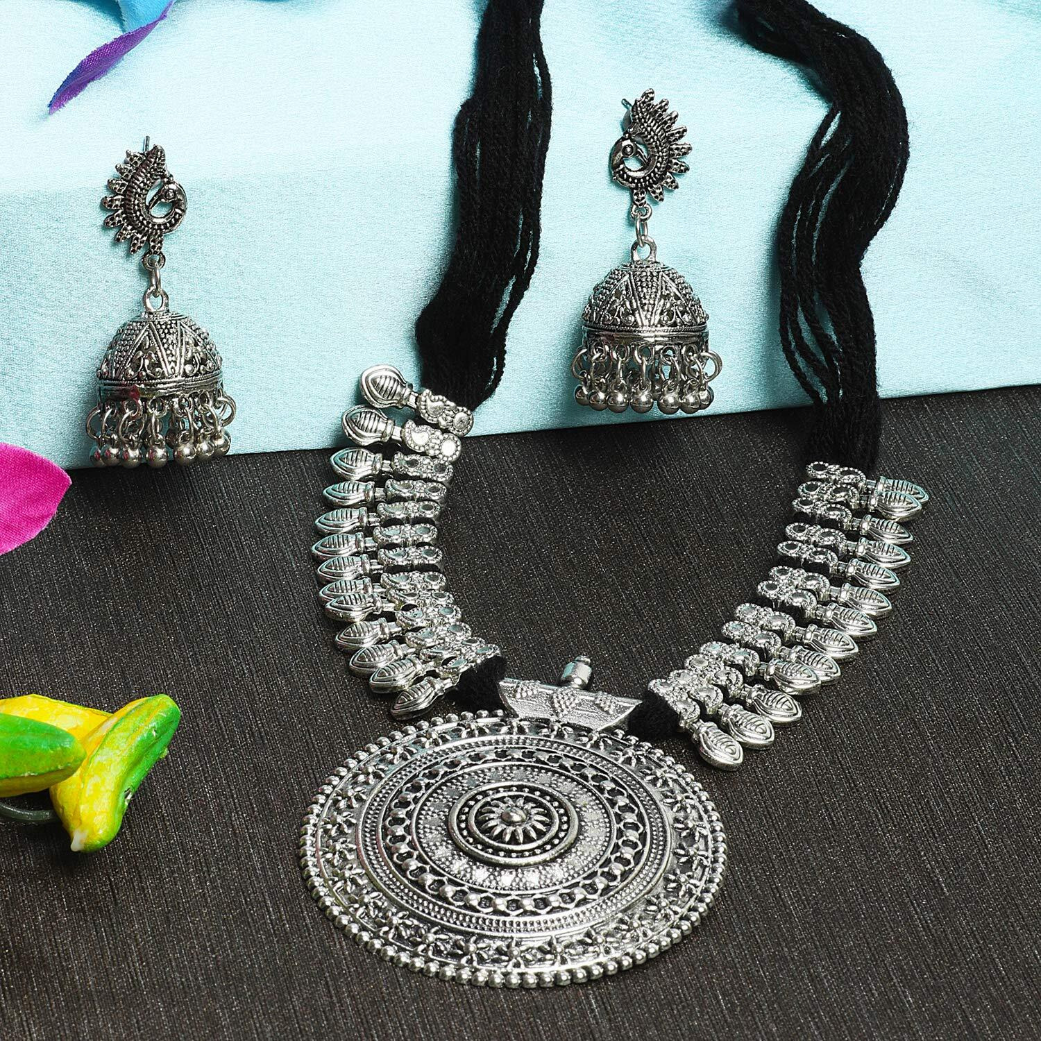 Shining Diva Fashion Latest Oxidised Silver Antique Design Necklace Jewellery Set for Women (rrsd12011s), design3-black, one
