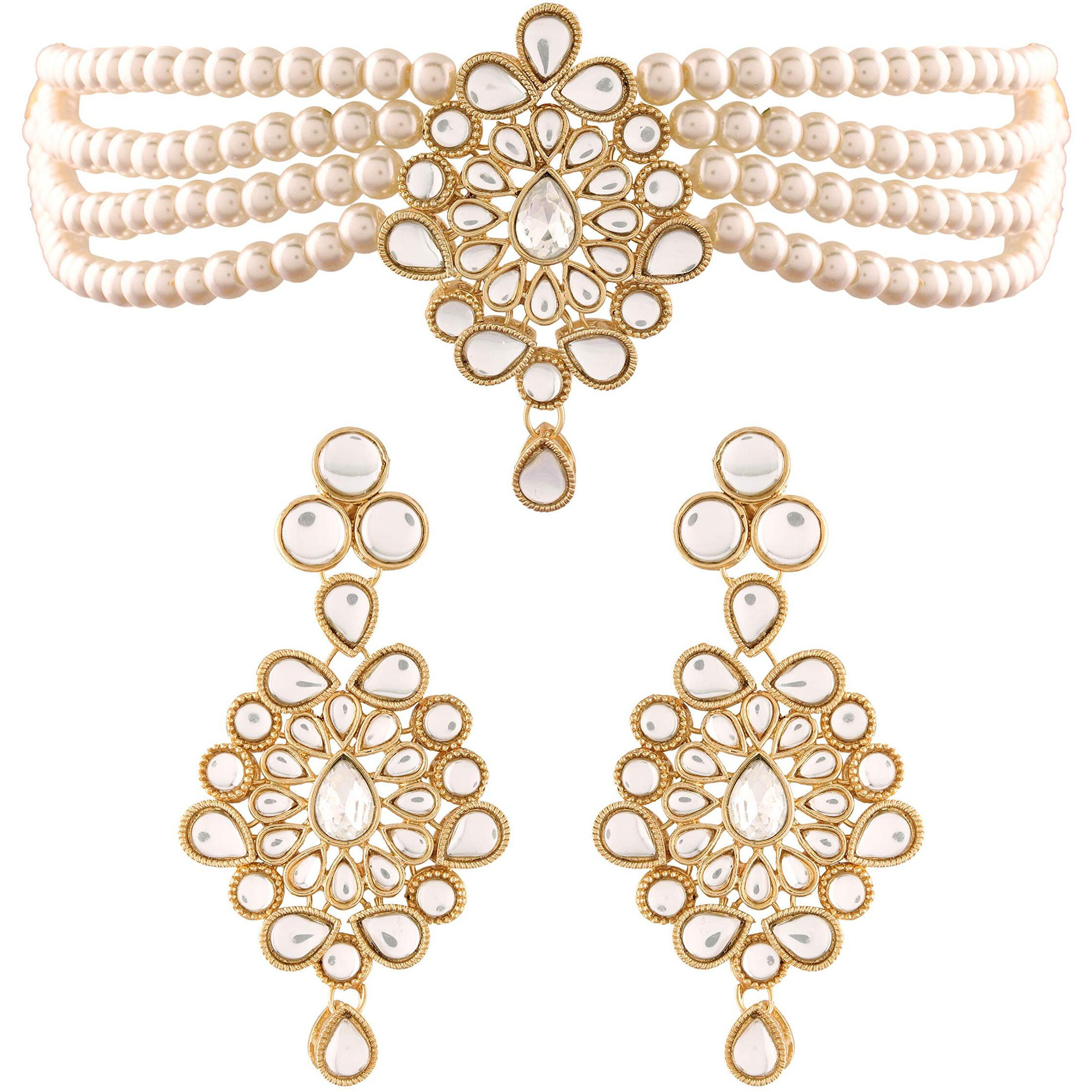 I Jewels 18K Gold Plated Traditional Kundan with Beads Choker Necklace Jewellery Set for Women/Girls (ML268W)