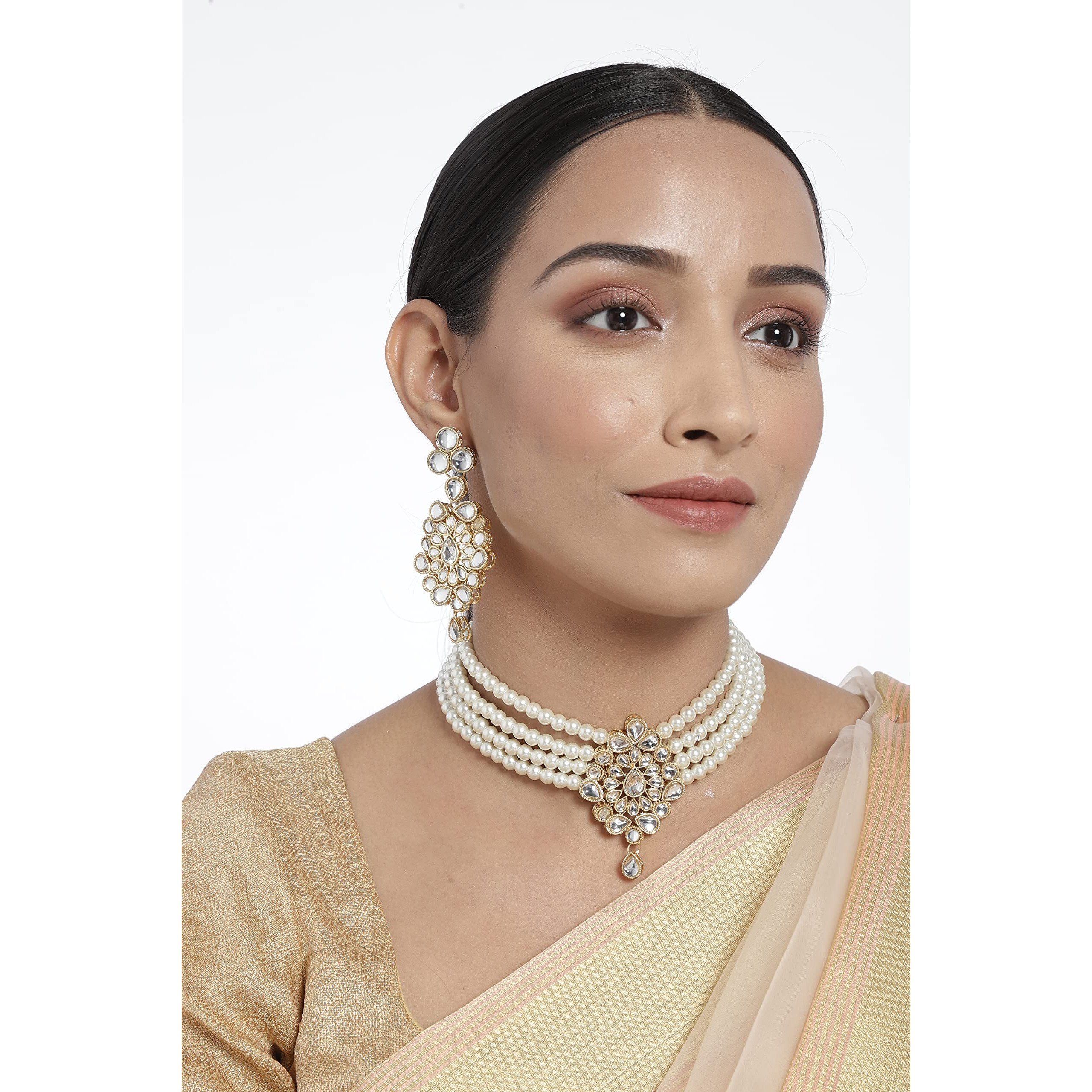 I Jewels 18K Gold Plated Traditional Kundan with Beads Choker Necklace Jewellery Set for Women/Girls (ML268W)