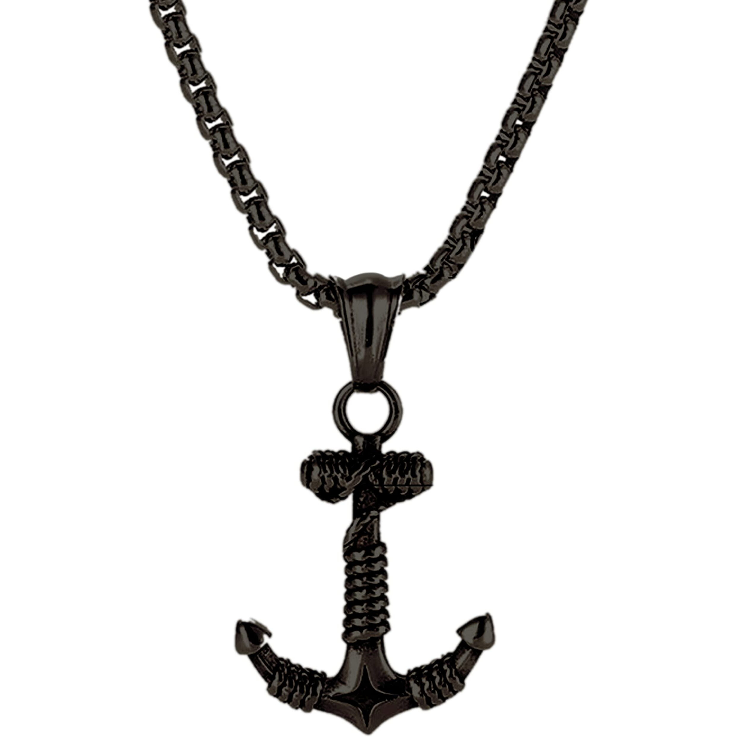 Fashion Frill Mens Jewellery Black Silver Chain For Men Anchor Stainless Steel Pendant Necklace Silver Chain For Boys Black Cuff Bracelet For Boys Men Jewellery Combo of 2 (Braclate & Chain Necklace)