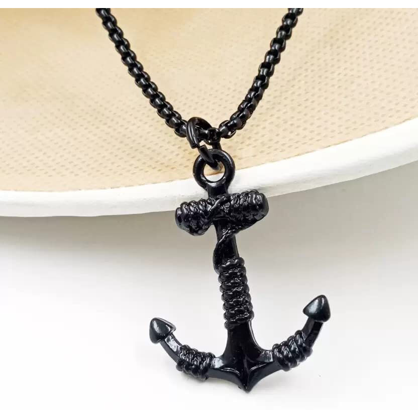 Fashion Frill Mens Jewellery Black Silver Chain For Men Anchor Stainless Steel Pendant Necklace Silver Chain For Boys Black Cuff Bracelet For Boys Men Jewellery Combo of 2 (Braclate & Chain Necklace)