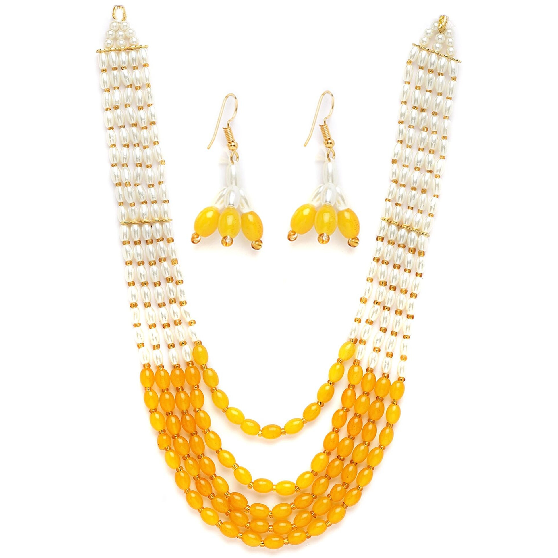 ZENEME Jewellery Set White Pearl Multi String Five Layered Rajasthani Style Vintage Necklace Set With Earrings Jewellery For Women & Girls (Yellow)
