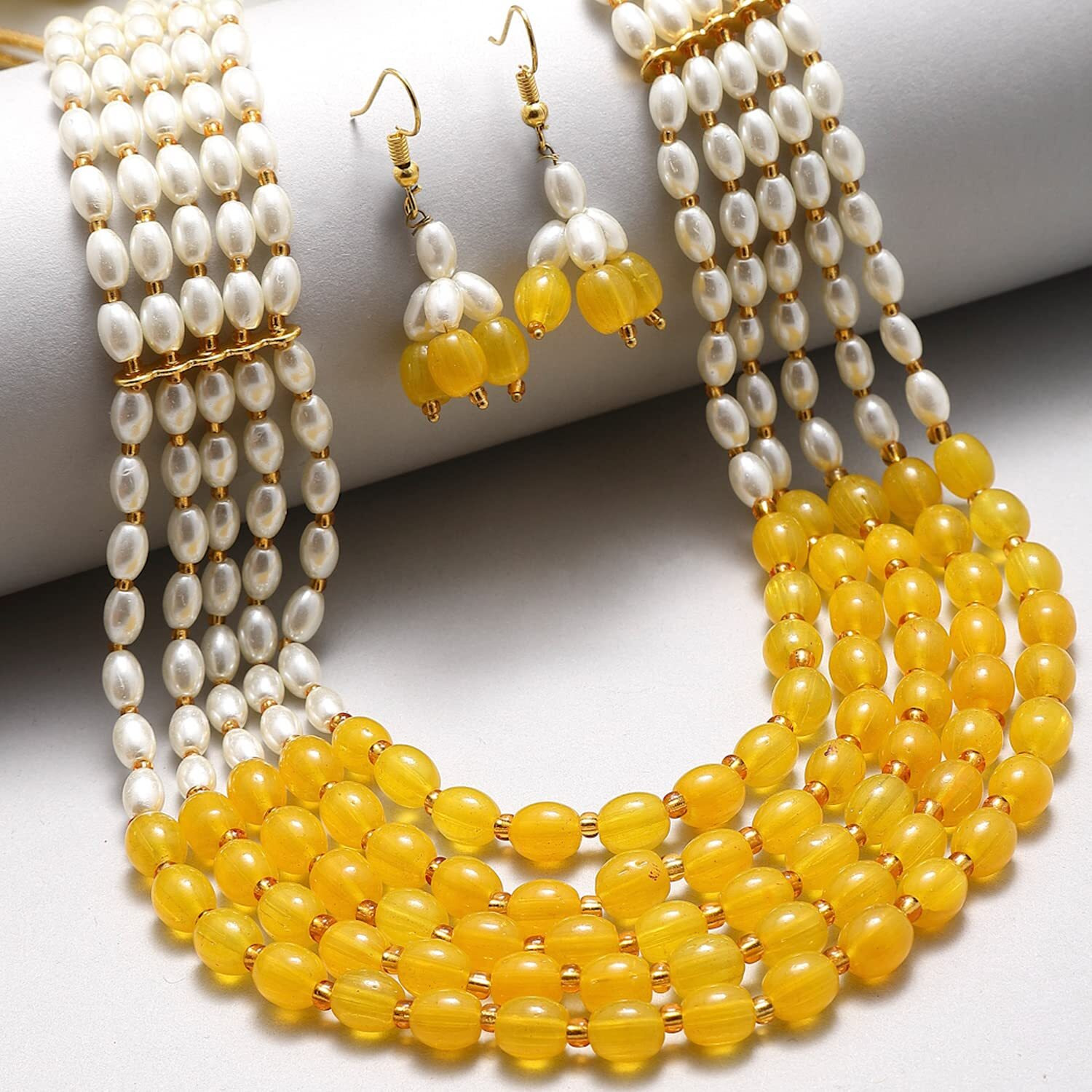ZENEME Jewellery Set White Pearl Multi String Five Layered Rajasthani Style Vintage Necklace Set With Earrings Jewellery For Women & Girls (Yellow)