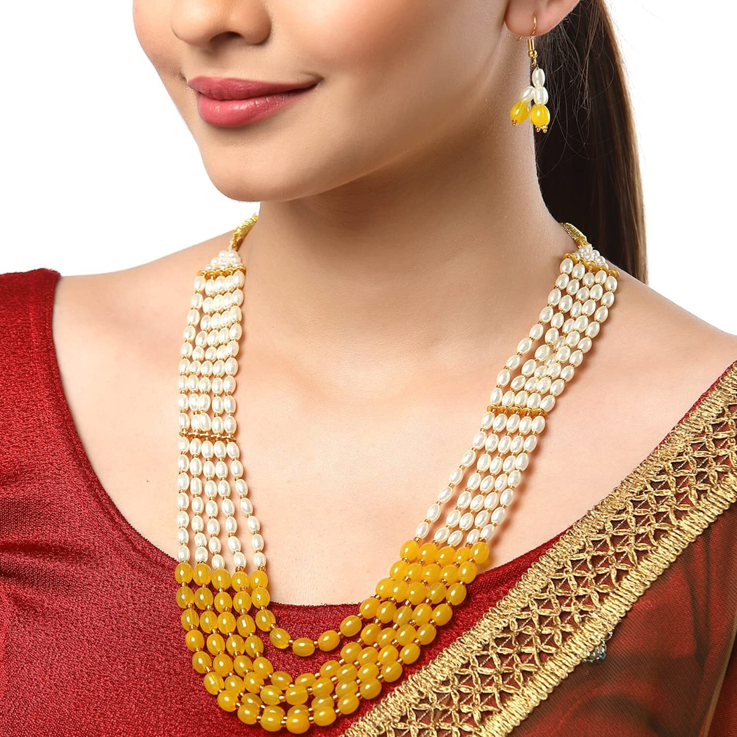 ZENEME Jewellery Set White Pearl Multi String Five Layered Rajasthani Style Vintage Necklace Set With Earrings Jewellery For Women & Girls (Yellow)