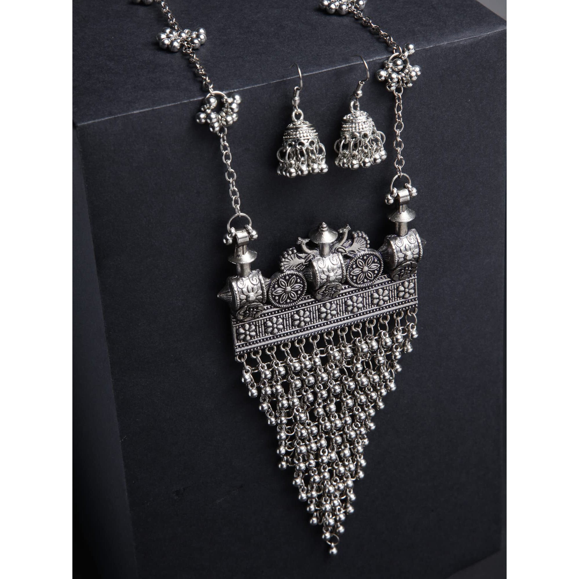 Shining Diva Fashion Latest Stylish Traditional Oxidised Silver Necklace Jewellery Set for Women (13152s)