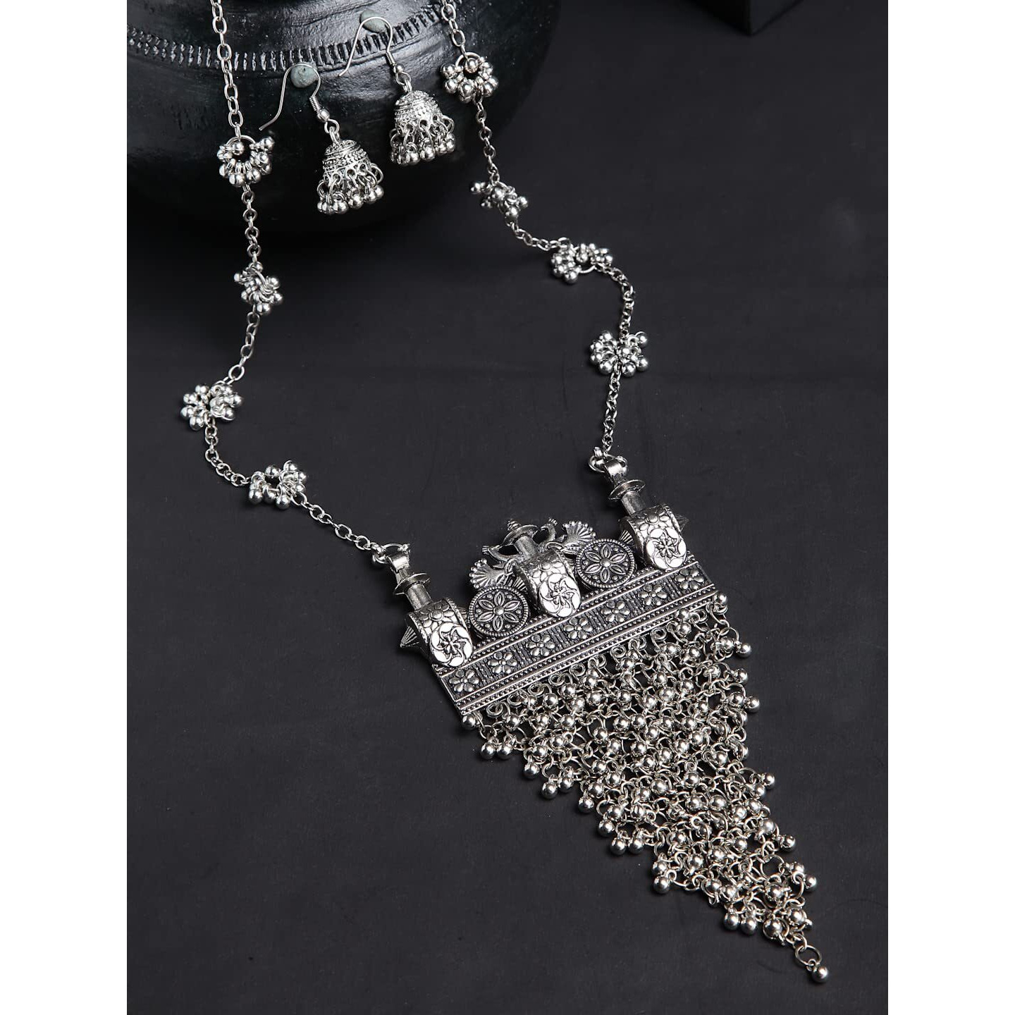 Shining Diva Fashion Latest Stylish Traditional Oxidised Silver Necklace Jewellery Set for Women (13152s)