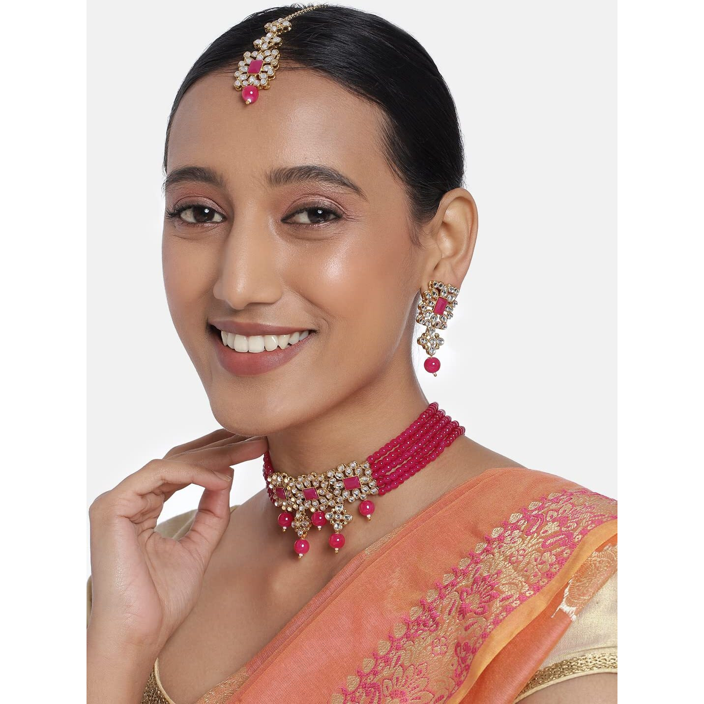 Peora Gold Plated Pearl Beaded Adjustable Choker Necklace with Earring Maang Tikka Jewellery Set (Rani Pink) For Women