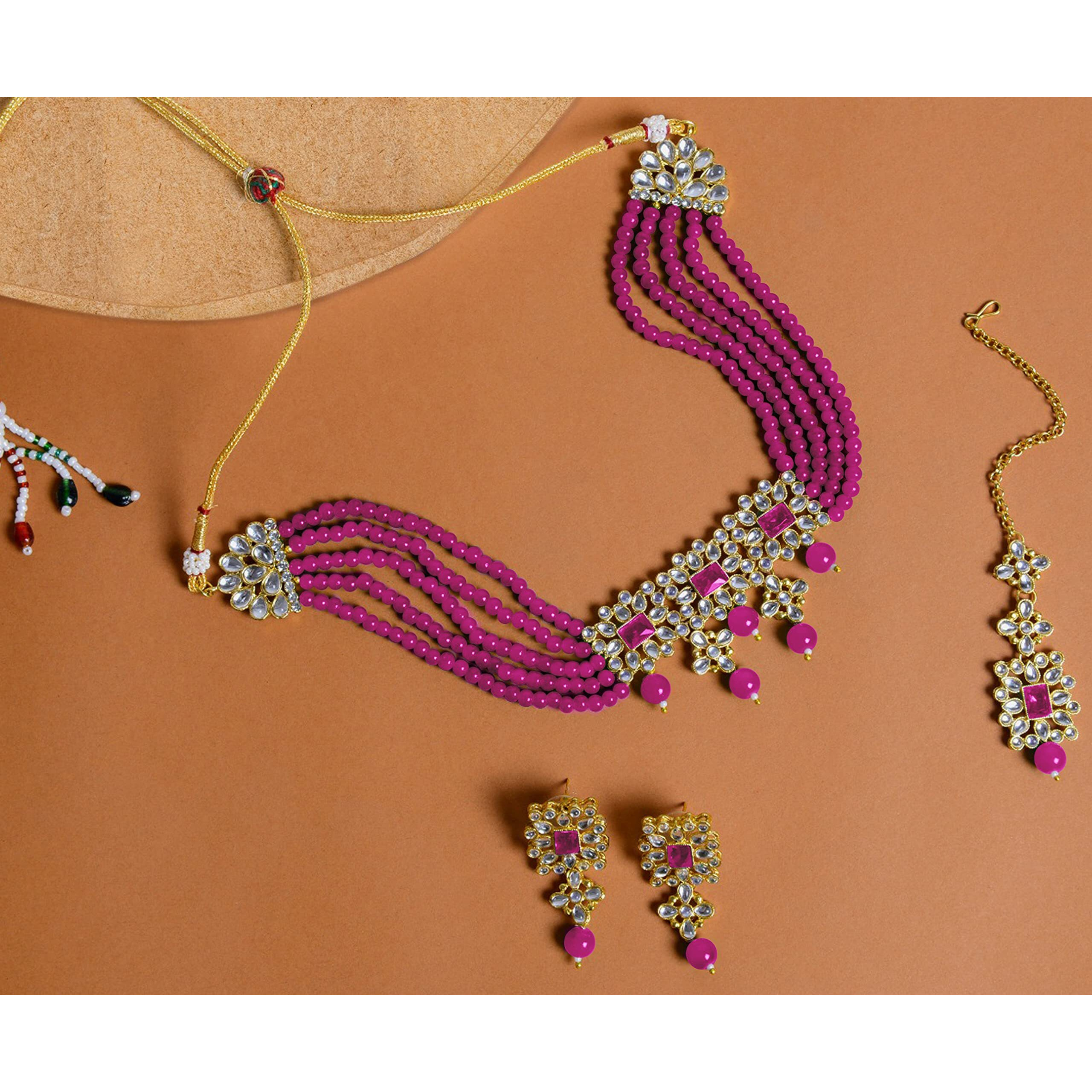 Peora Gold Plated Pearl Beaded Adjustable Choker Necklace with Earring Maang Tikka Jewellery Set (Rani Pink) For Women
