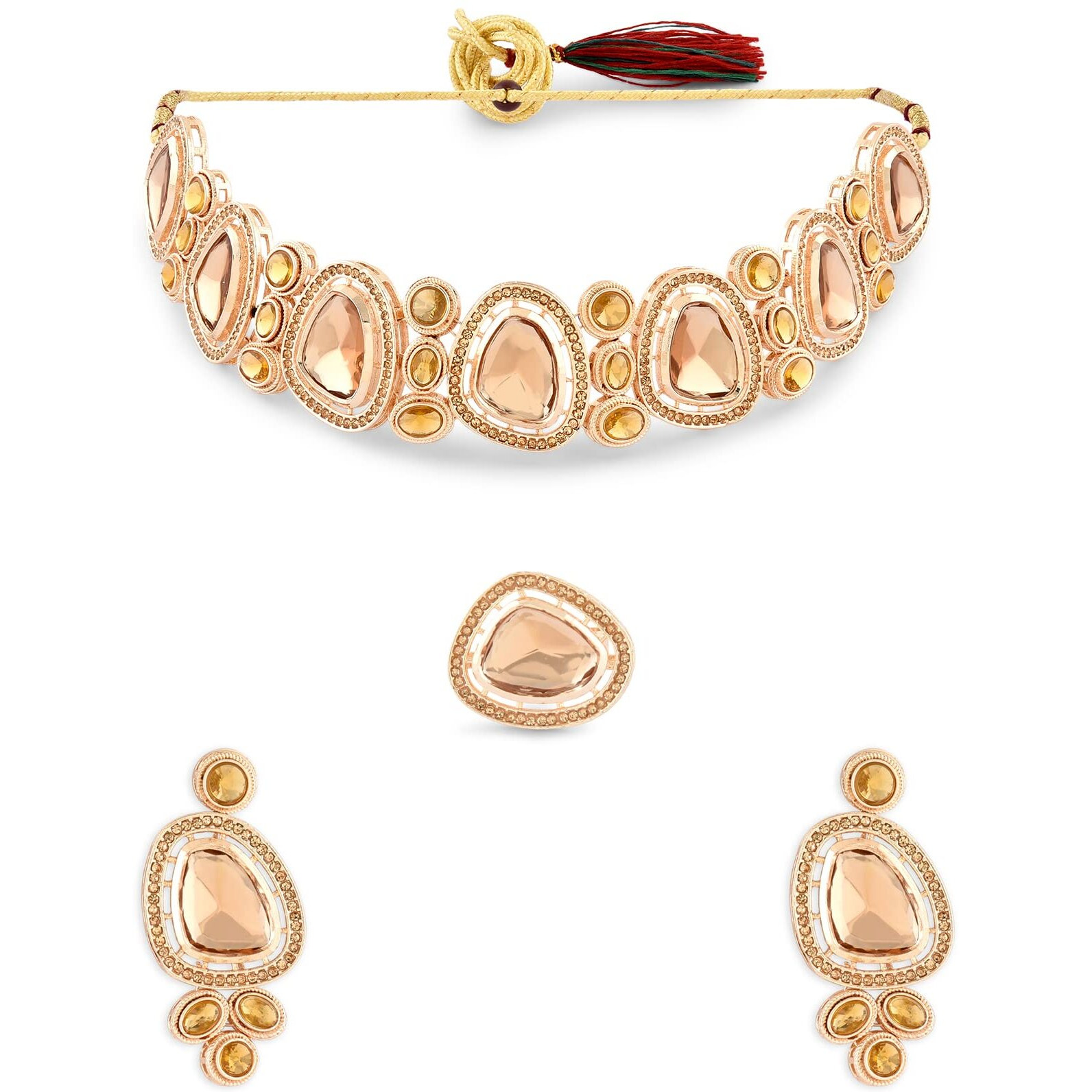 ZAVERI PEARLS Gold Tone Dazzling LCT Kundan & Austrian Diamonds Necklace Earring & Ring Set For Women-ZPFK16069