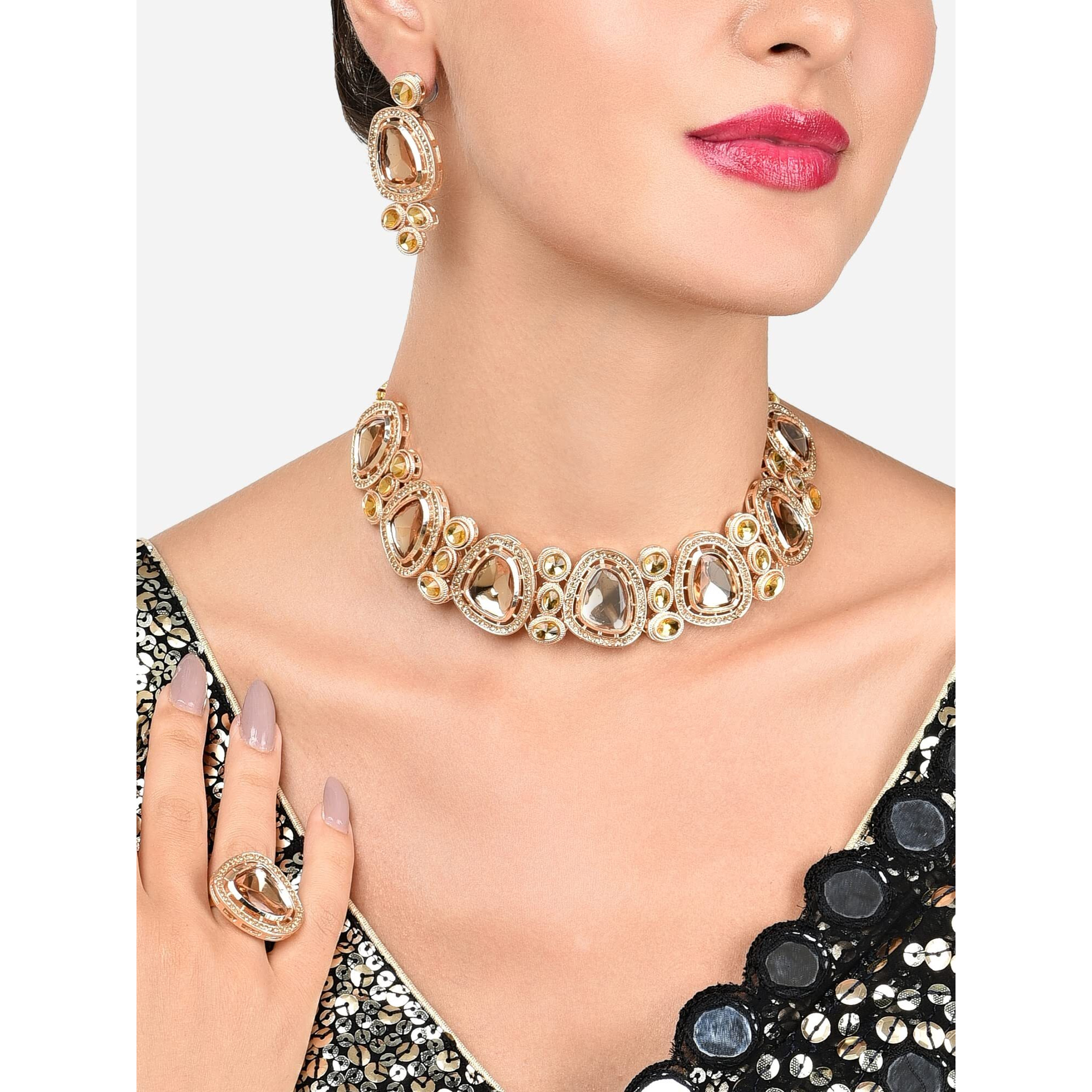 ZAVERI PEARLS Gold Tone Dazzling LCT Kundan & Austrian Diamonds Necklace Earring & Ring Set For Women-ZPFK16069