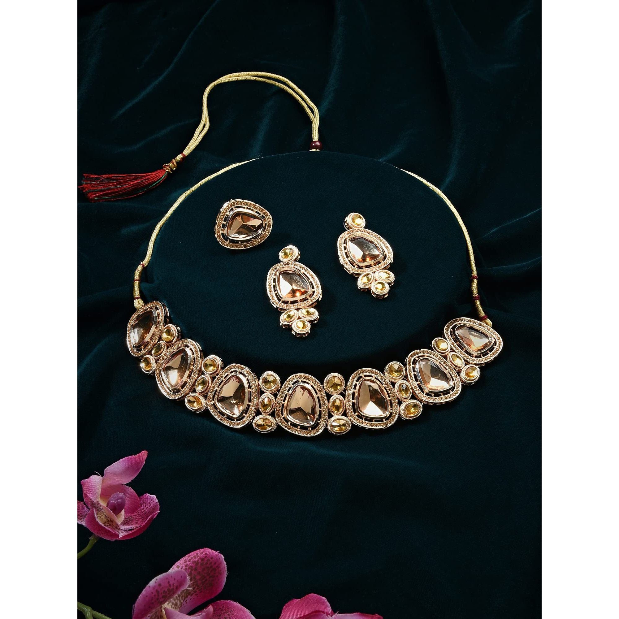 ZAVERI PEARLS Gold Tone Dazzling LCT Kundan & Austrian Diamonds Necklace Earring & Ring Set For Women-ZPFK16069