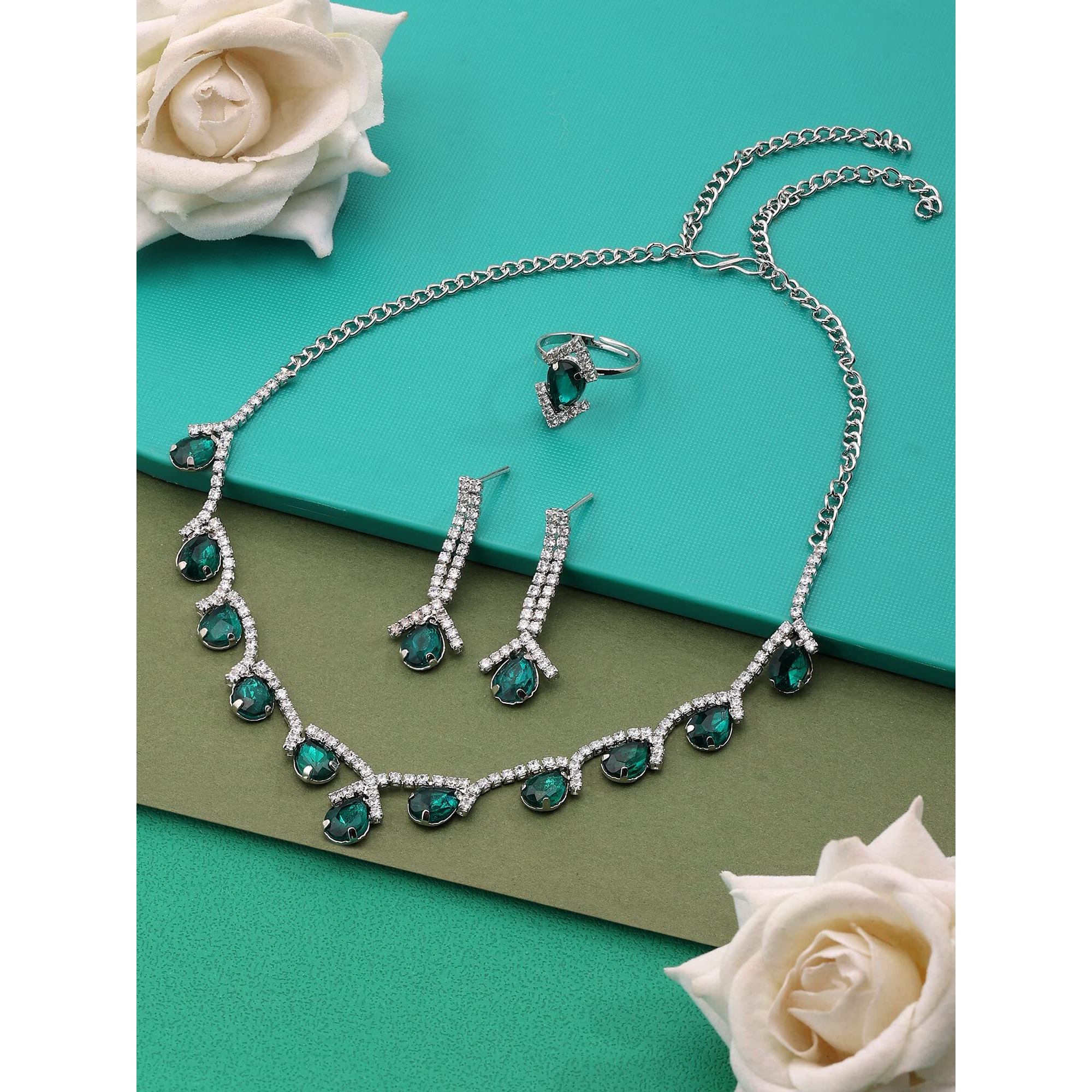 ZAVERI PEARLS Green Dazzling Austrian Diamonds Party Necklace Earring & Ring Set For Women-ZPFK15942