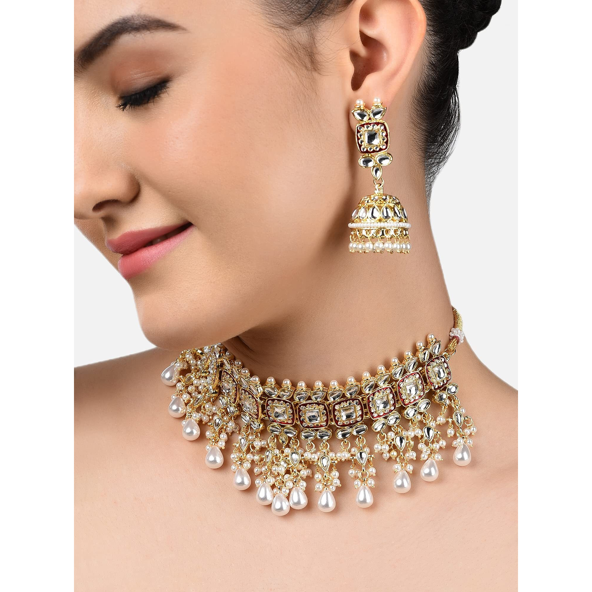ZAVERI PEARLS Red Meenakari Kundan Choker Necklace & Jhumki Earring Set For Women-ZPFK11235