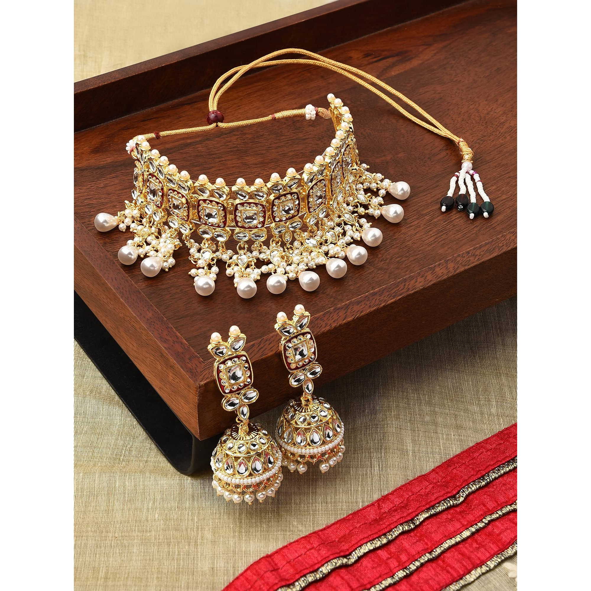 ZAVERI PEARLS Red Meenakari Kundan Choker Necklace & Jhumki Earring Set For Women-ZPFK11235