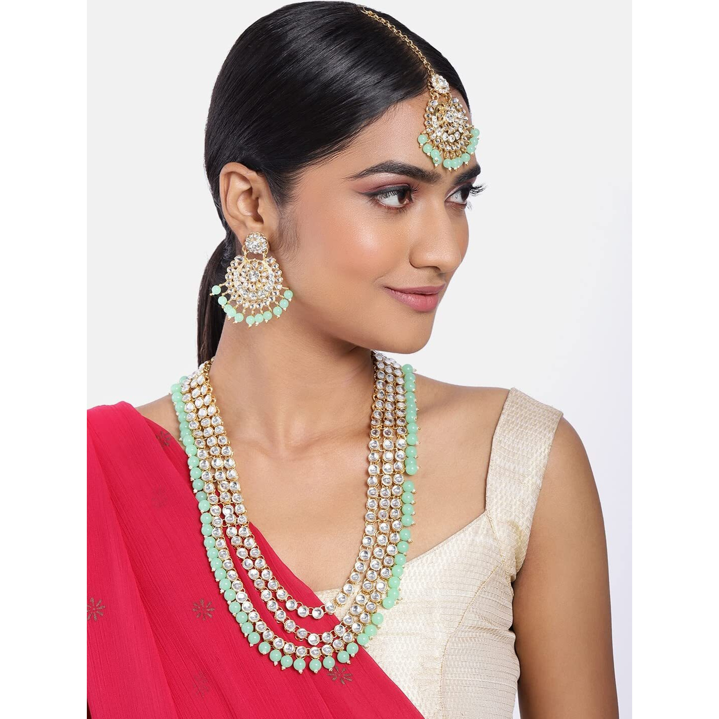 Peora Mint Gold Plated Kundan Studded Long Necklace Set with Maang Tikka & Earrings for Women Traditional Jewellery