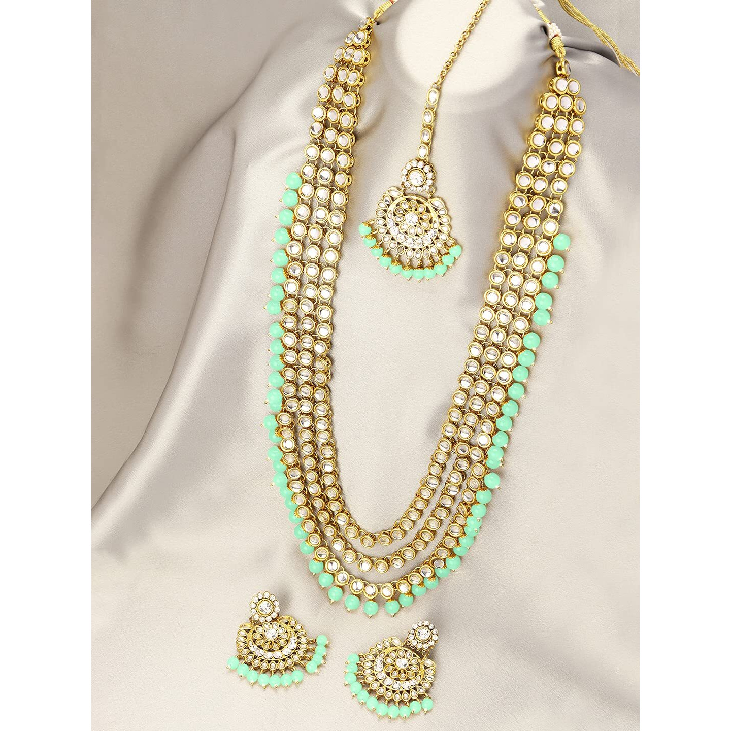 Peora Mint Gold Plated Kundan Studded Long Necklace Set with Maang Tikka & Earrings for Women Traditional Jewellery