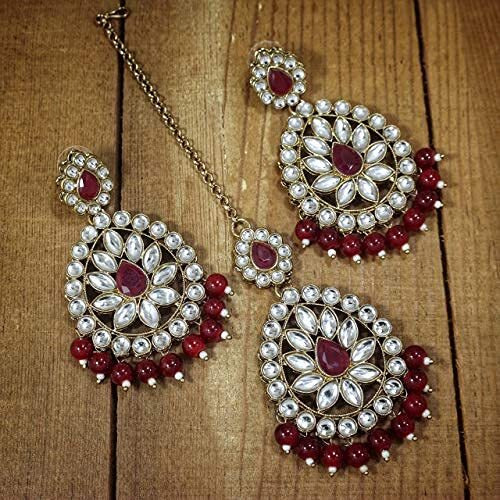 I Jewels Gold Plated with Stunning Antique Finish Traditional Kundan & Faux Pearl Big Chandbali Bridal Earrings with Maang Tikka Set for Women/Girls (TE2801M)
