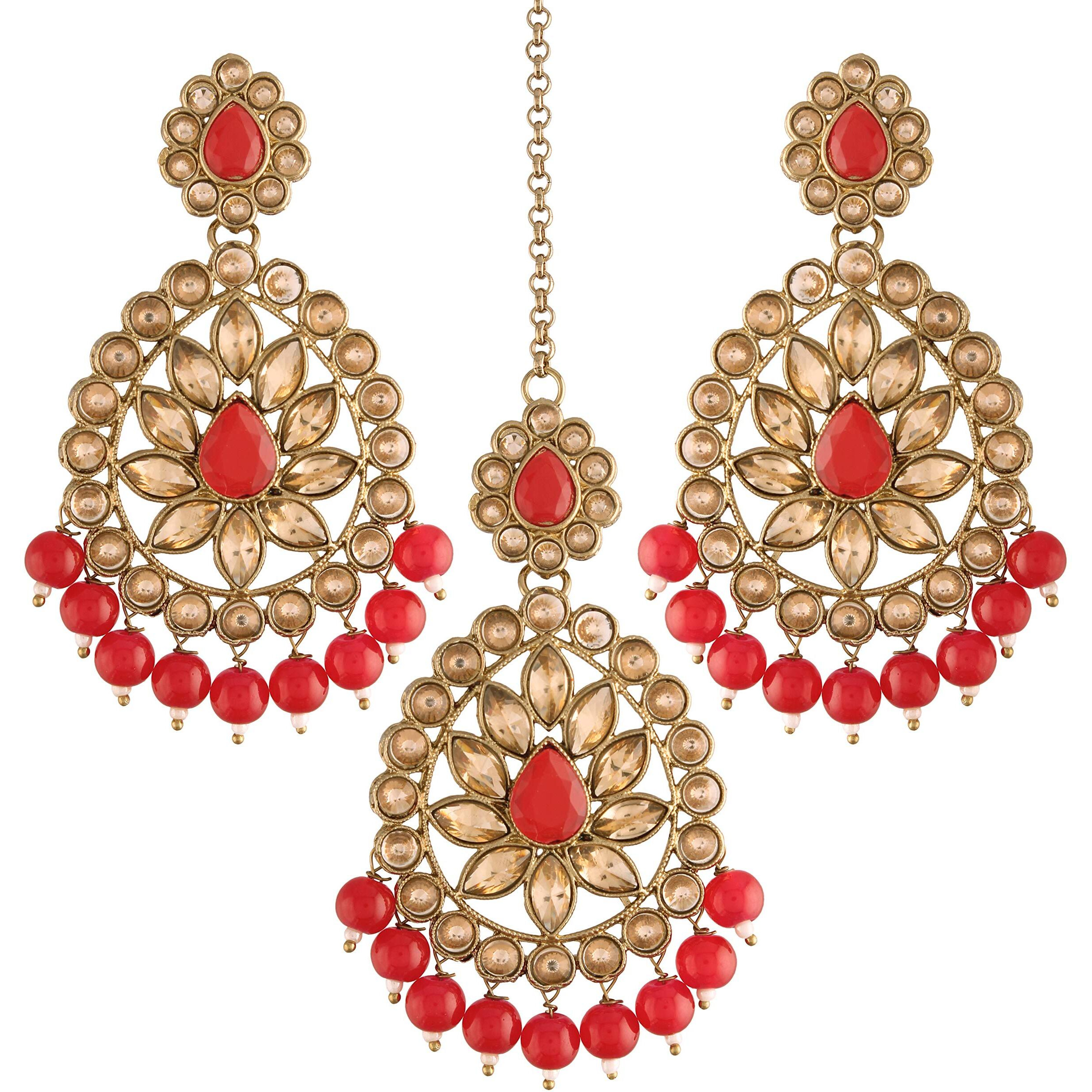 I Jewels Gold Plated with Stunning Antique Finish Traditional Kundan & Faux Pearl Big Chandbali Bridal Earrings with Maang Tikka Set for Women/Girls (TE2801FLR)