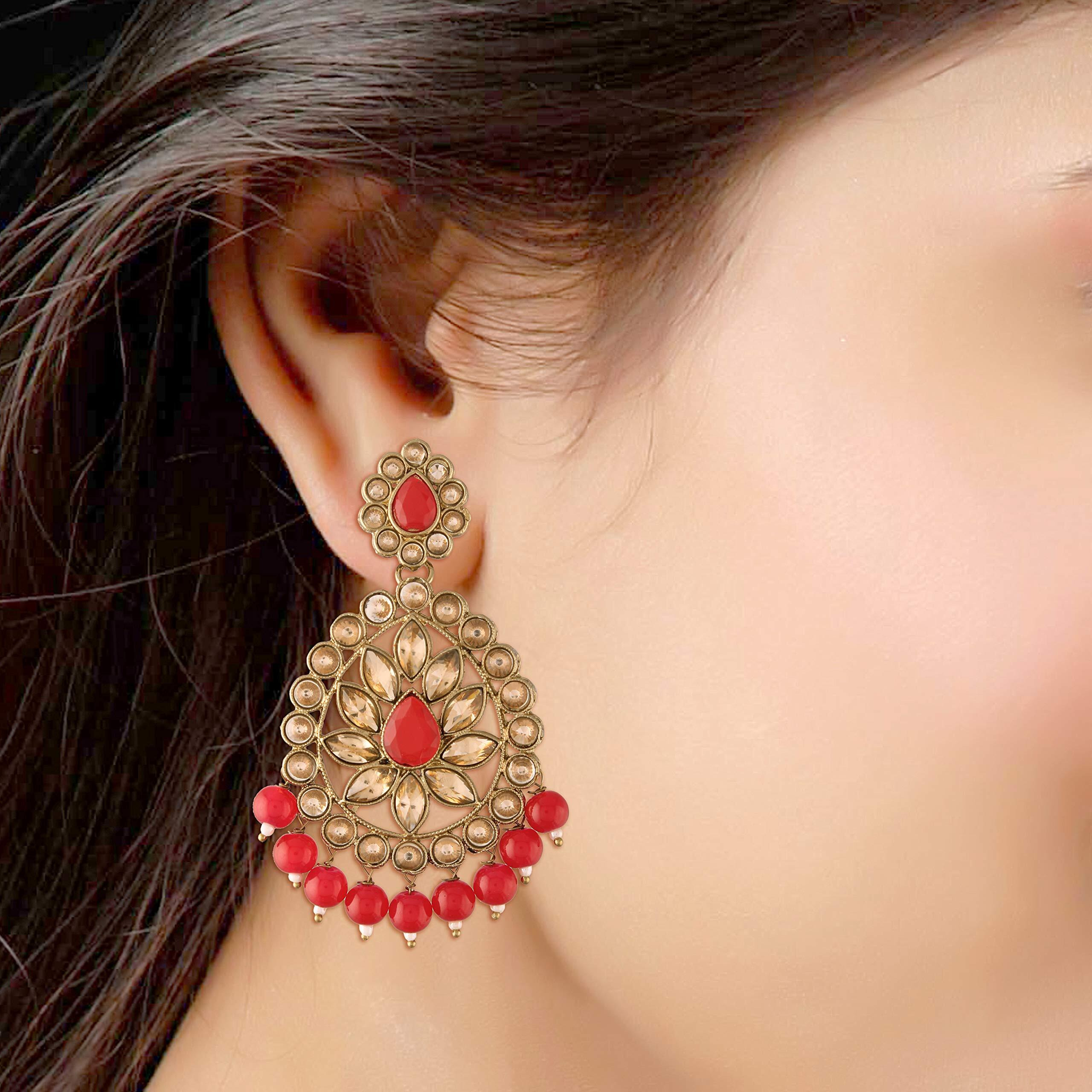 I Jewels Gold Plated with Stunning Antique Finish Traditional Kundan & Faux Pearl Big Chandbali Bridal Earrings with Maang Tikka Set for Women/Girls (TE2801FLR)