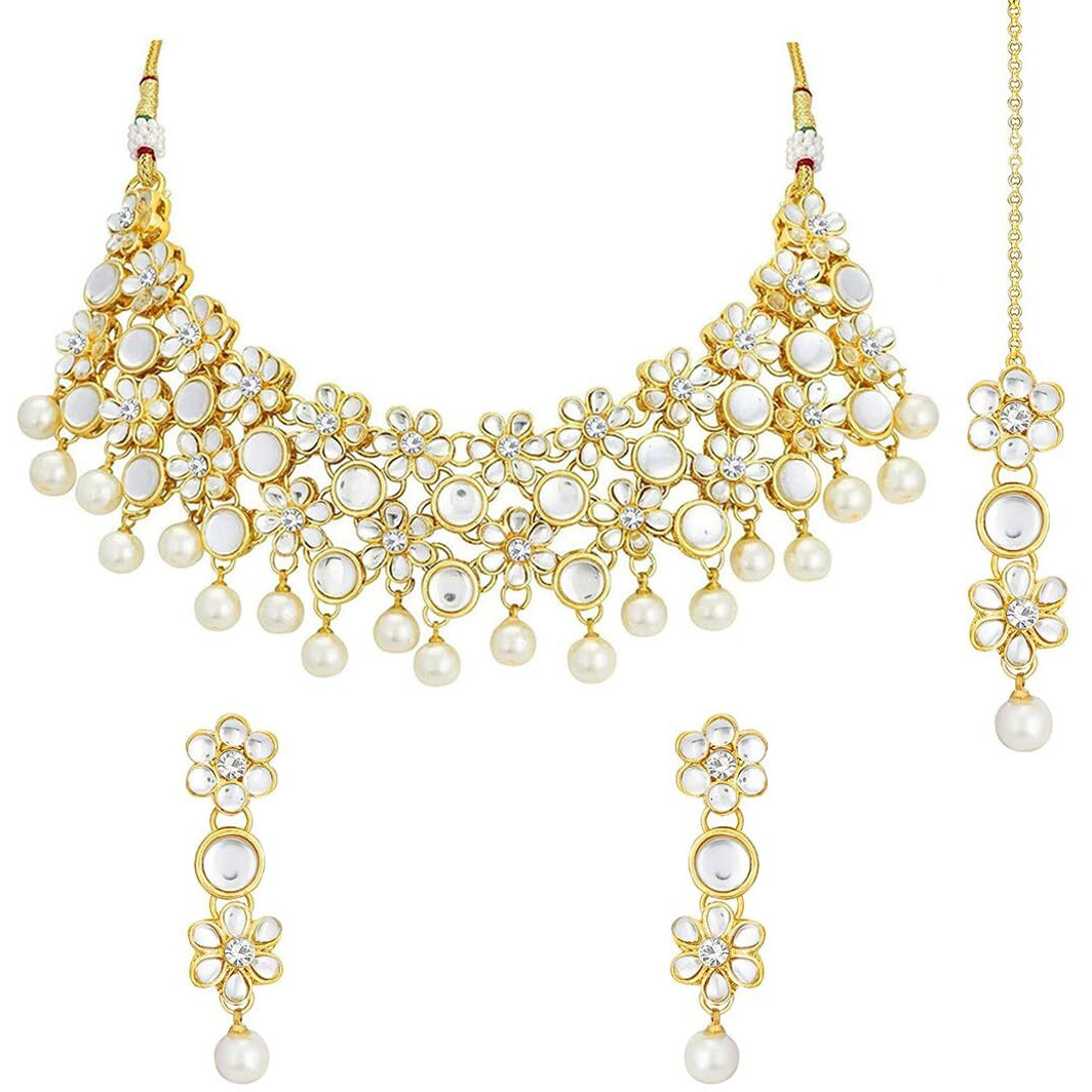 Peora 18K Gold Plated Flower Kundan Pearl Necklace with Maang Tikka Earring Traditional Jewellery Set for Women Girls