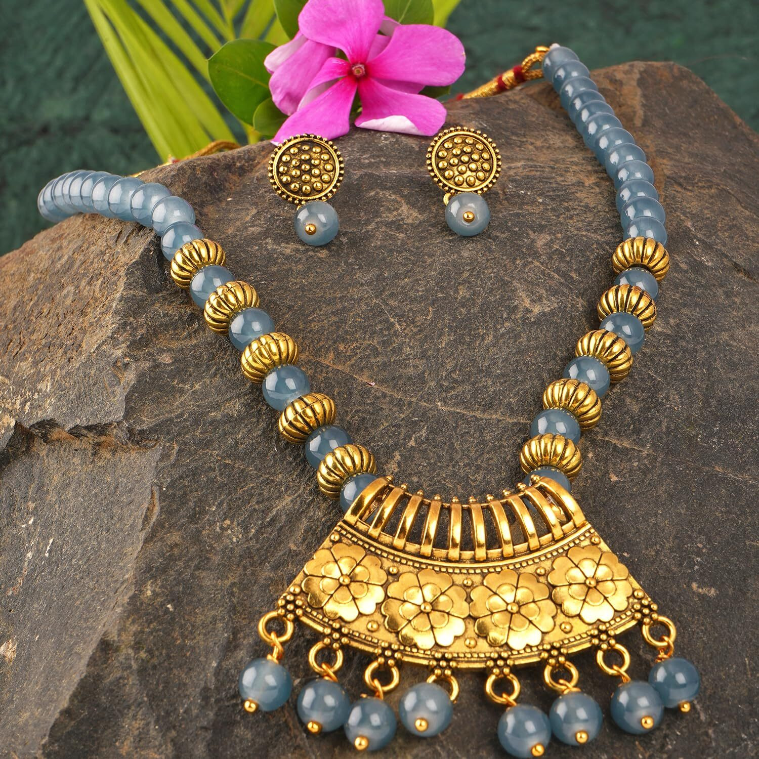 JFL - Jewellery for Less Stylish Gold Plated Antique Semi-Circle Pendant Beaded Tribal Necklace Set for Women and Girls (Bluish grey),Valentine