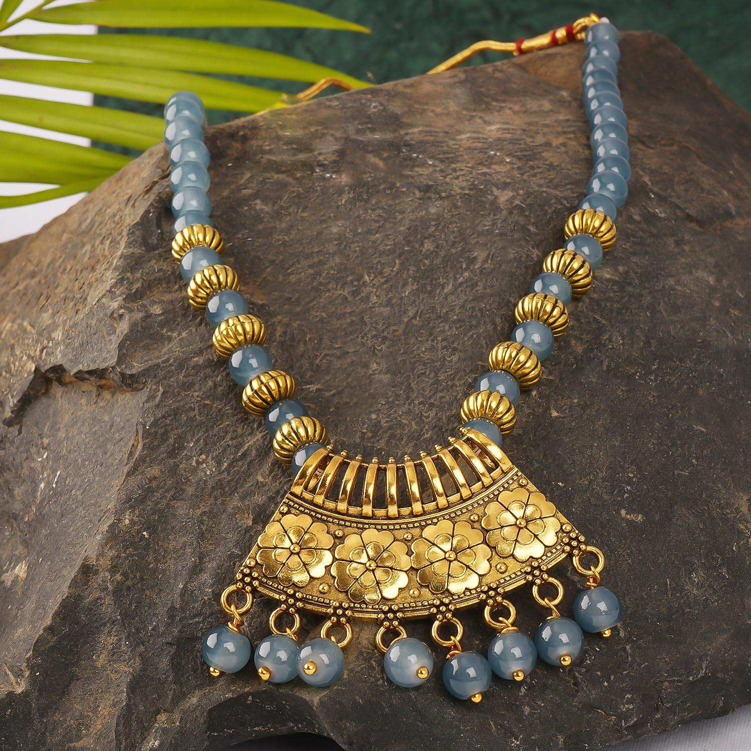 JFL - Jewellery for Less Stylish Gold Plated Antique Semi-Circle Pendant Beaded Tribal Necklace Set for Women and Girls (Bluish grey),Valentine