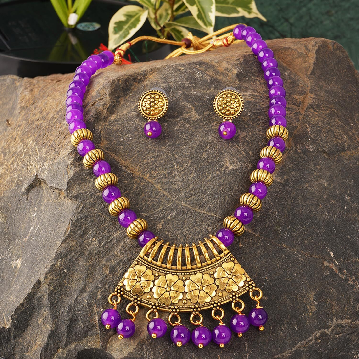 JFL - Jewellery for Less Stylish Gold Plated Antique Semi-Circle Pendant Beaded Tribal Necklace Set for Women and Girls (Purple),Valentine