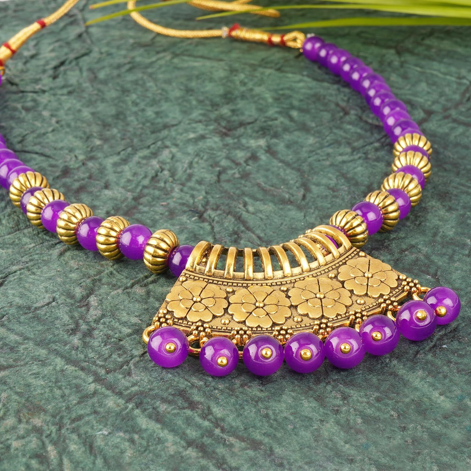 JFL - Jewellery for Less Stylish Gold Plated Antique Semi-Circle Pendant Beaded Tribal Necklace Set for Women and Girls (Purple),Valentine