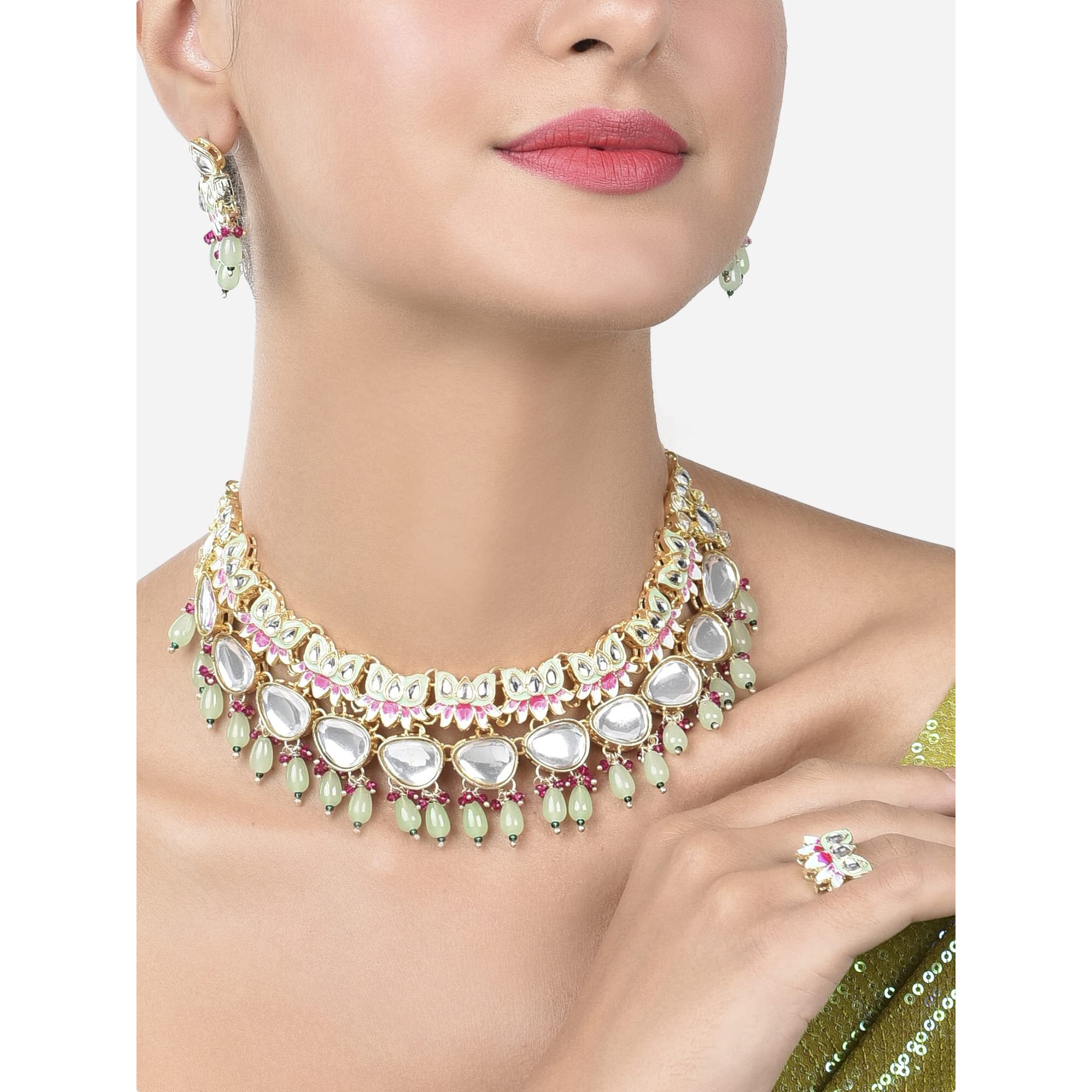 ZAVERI PEARLS Green & Pink Meenakari Lotus Kundan Necklace Earring & Ring Set For Women-ZPFK15197