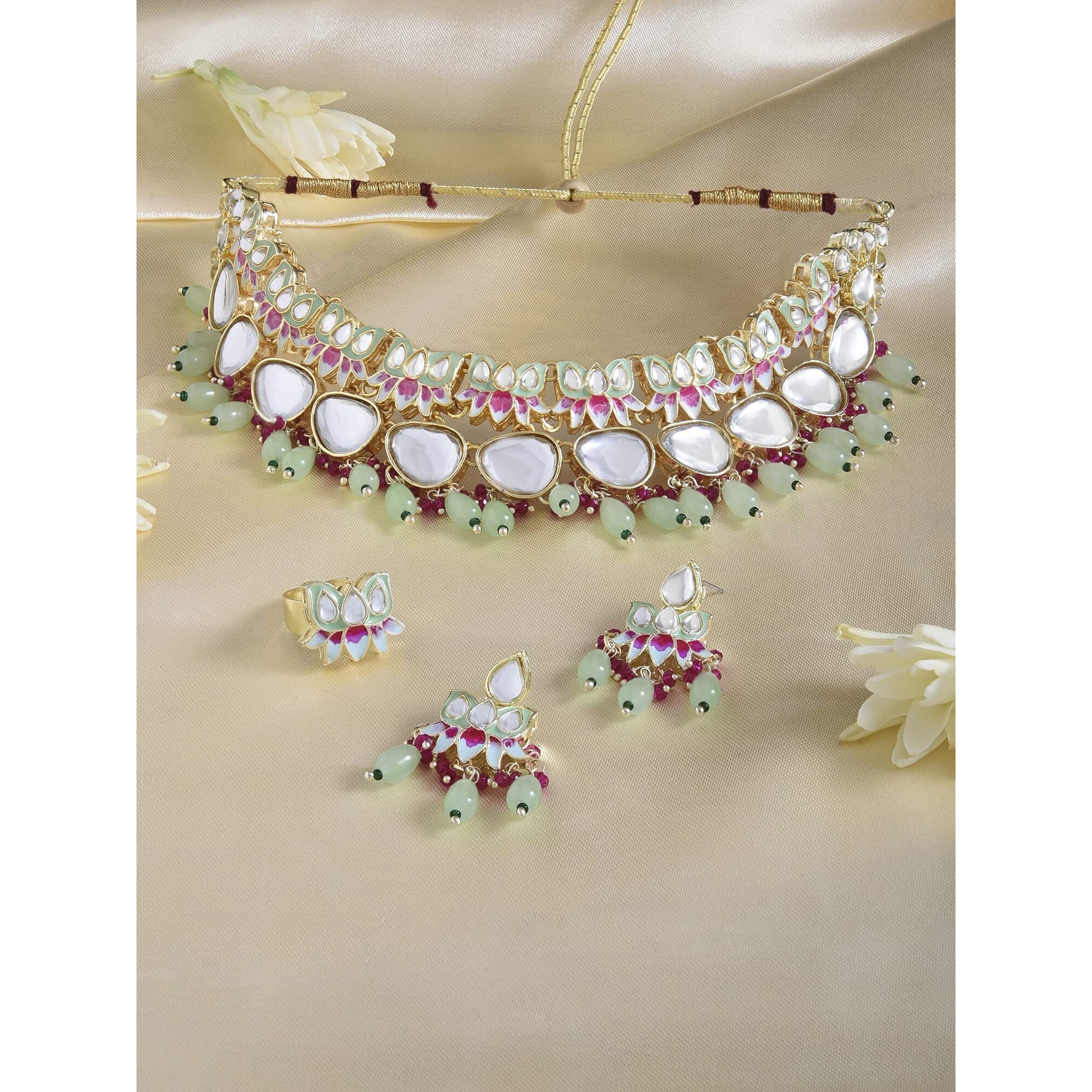 ZAVERI PEARLS Green & Pink Meenakari Lotus Kundan Necklace Earring & Ring Set For Women-ZPFK15197
