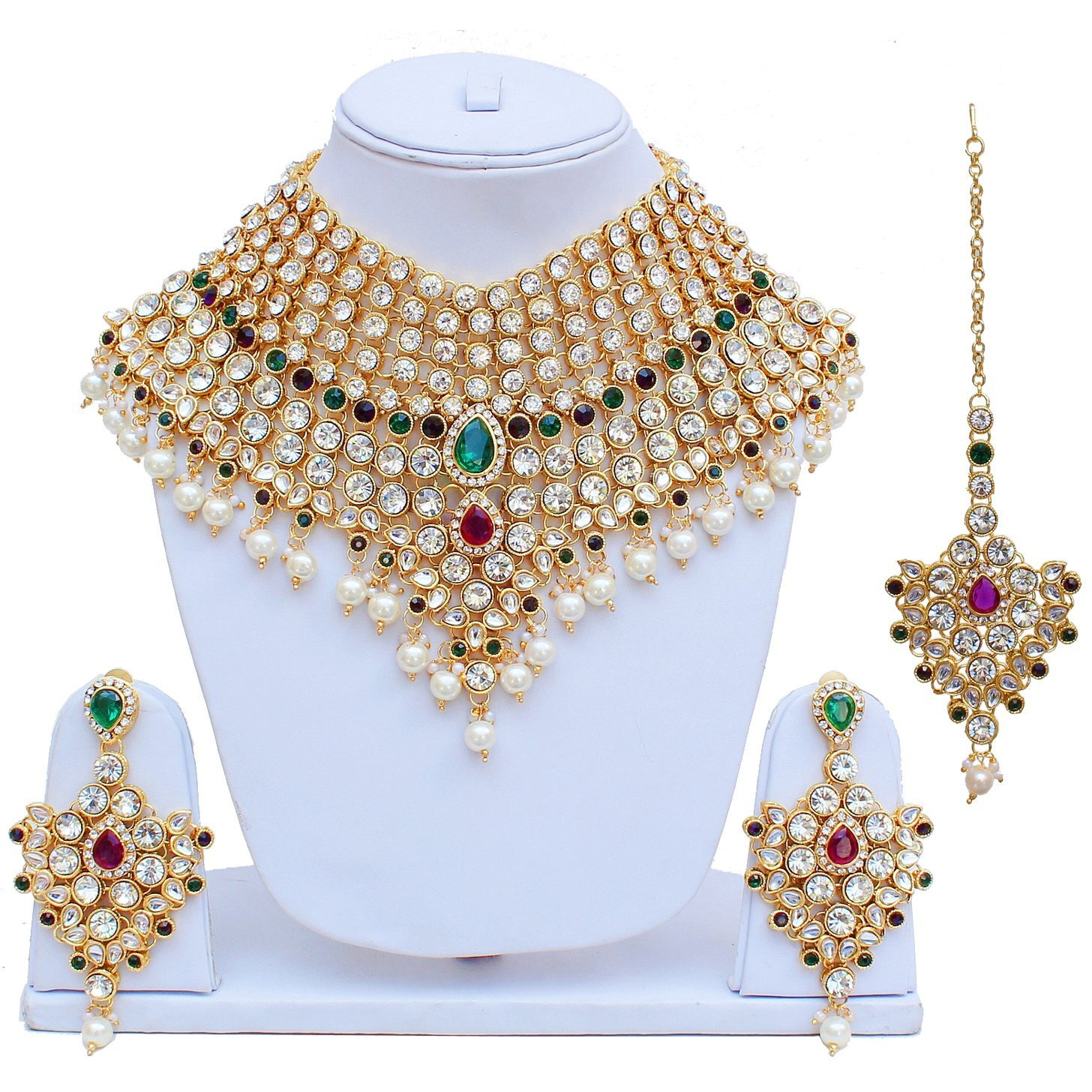Lucky Jewellery Purple Green Semi Bridal Dulhan Dulhan Wedding & Engagement Necklace Set with Mang Tikka (1815-L1SS-KD124-PG)