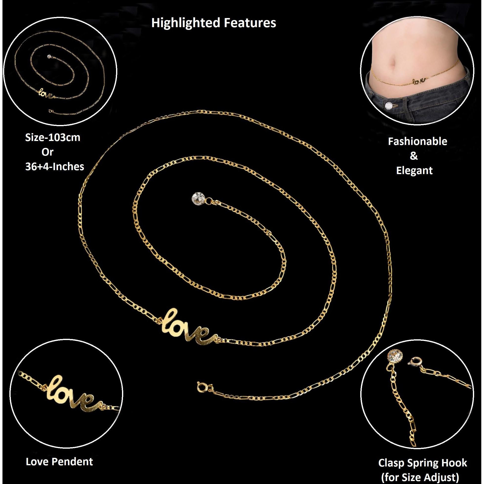 VAMA FASHIONS Gold Plated Adjustable Waist Hip Saree Belt kamarband Body Belly Chain Vaddanam Waistband Jewellery for Women Girls (Love Belly Chain)