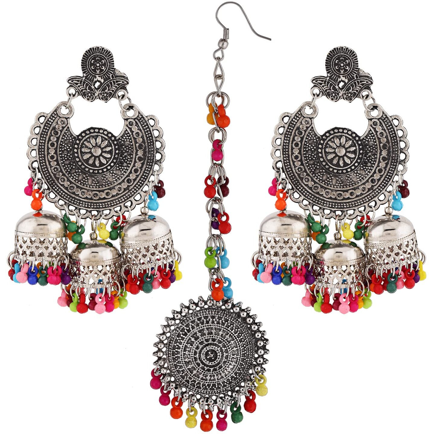 Shining Diva Fashion Latest Oxidised Silver Antique Design Stylish Traditional Maang Tikka Jhumka Earrings Jewellery Set for Women (Multicolor) (12032s)