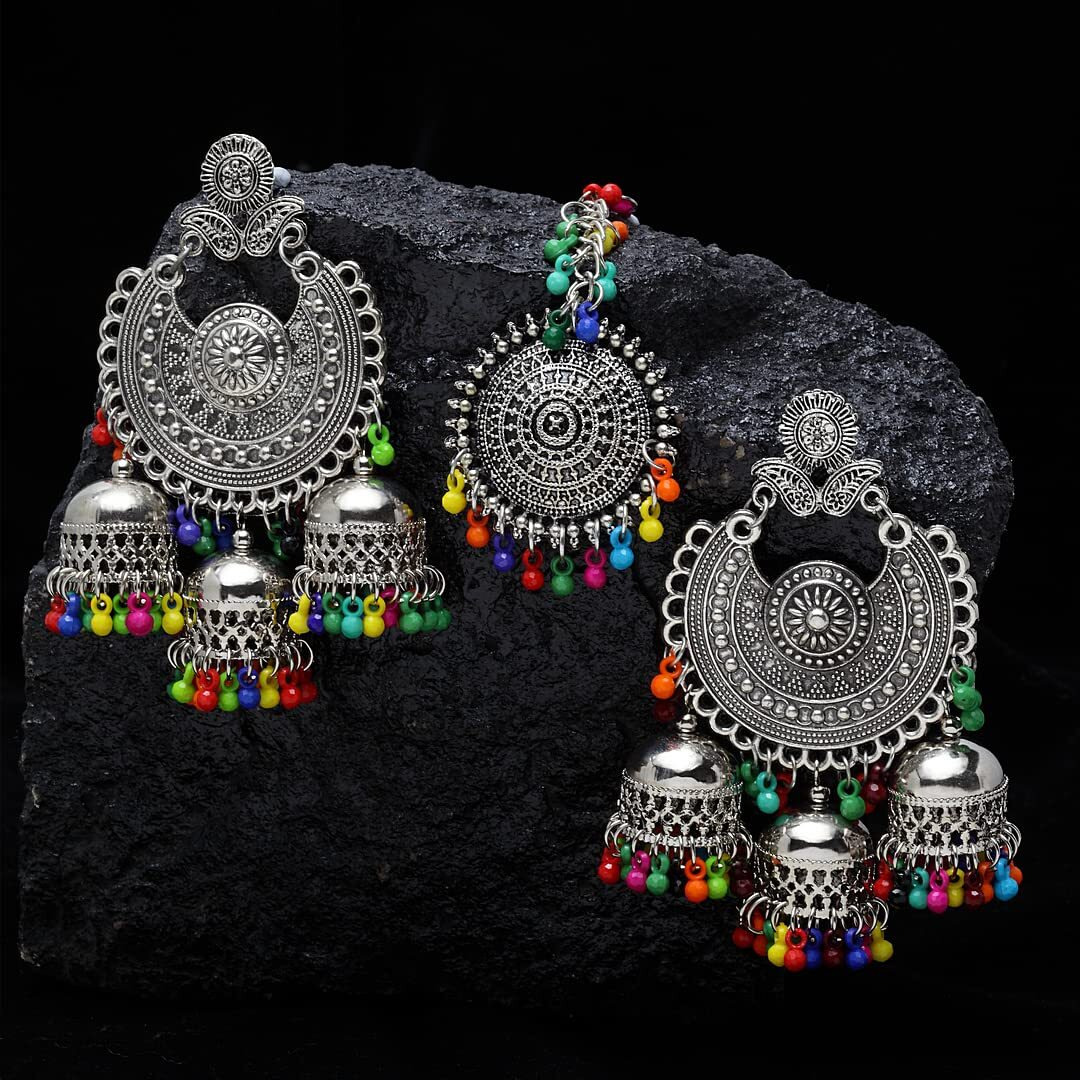 Shining Diva Fashion Latest Oxidised Silver Antique Design Stylish Traditional Maang Tikka Jhumka Earrings Jewellery Set for Women (Multicolor) (12032s)