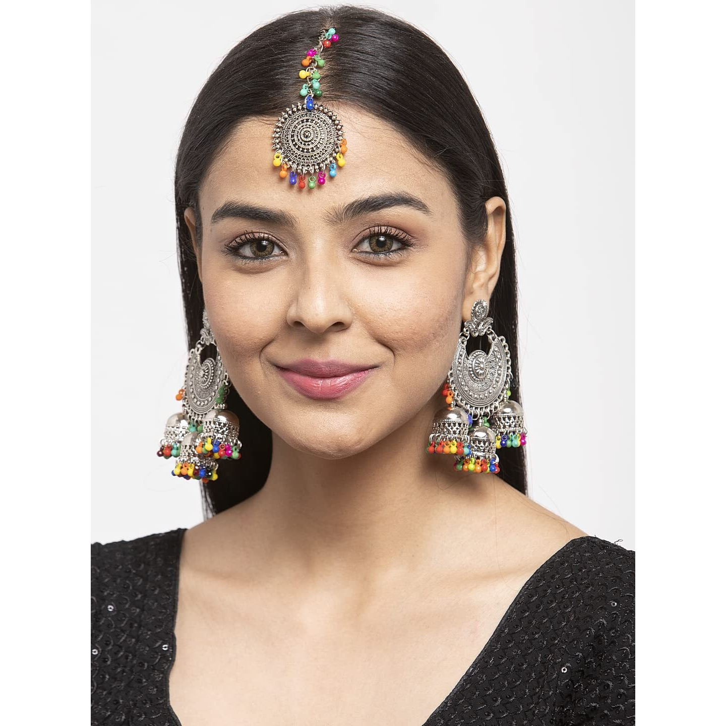Shining Diva Fashion Latest Oxidised Silver Antique Design Stylish Traditional Maang Tikka Jhumka Earrings Jewellery Set for Women (Multicolor) (12032s)