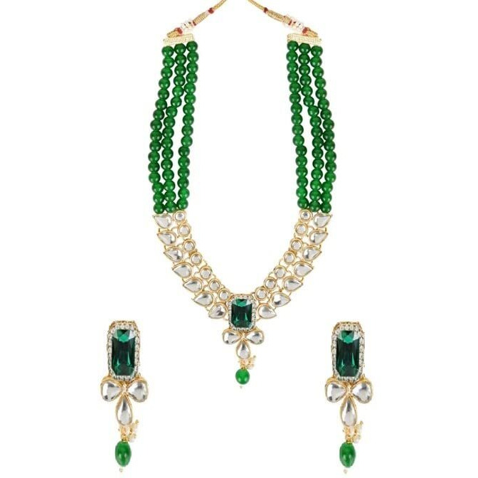I Jewels 18K Gold Plated Traditional White Kundan Studded Multi Layered Pearl Necklace Jewellery Set with Dangle Earrings for Women And Girls (IJ354G)